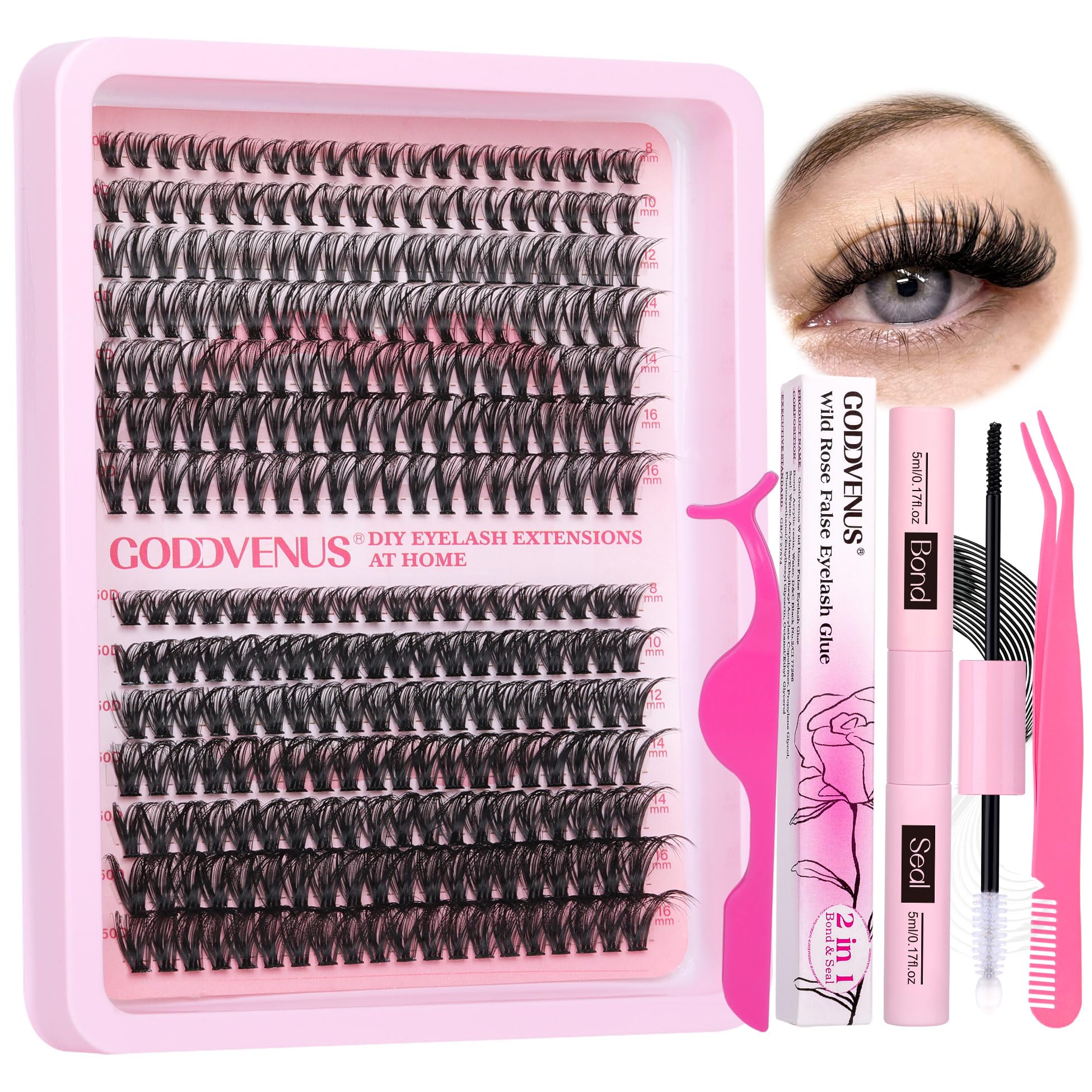 GoddvenusEyelash Extension Kit Lash Extension Kit 280Pcs Individual Eyelashes D Curl Russian Cluster Lashes Glue Bond and Seal and Tweezers, DIY Cluster Lashes Kit