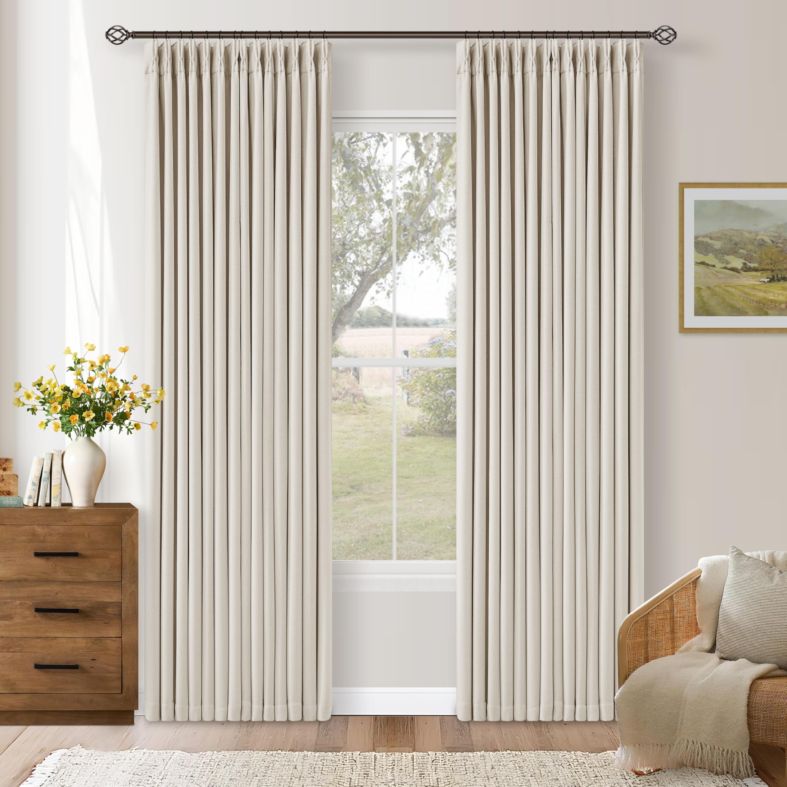 Pleated Cream Ivory 86 Inch Blackout Curtains for Living Dining Room 2 Panels Set Boho Farmhouse Pinch Pleat Natural Linen Black Out Bedroom Curtains Thermal Insulated Room Darkening 2 Layer Design โ image 1