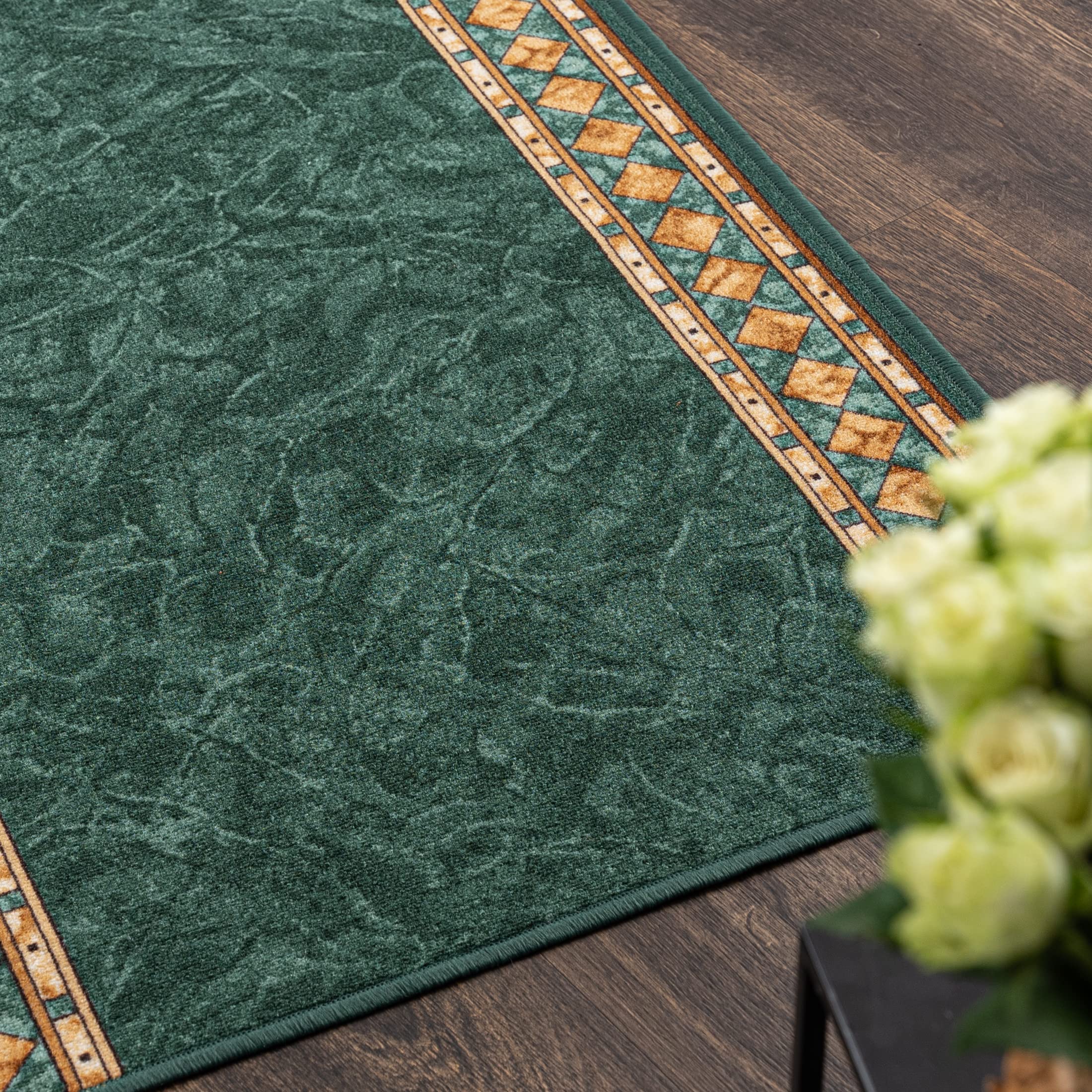 Mazovia Läufer Flur 80x525cm Grün Klassisch 90er-Retro Weich rutschfest | Teppichläufer für Küche Waschküche Schlafzimmer Wetterfest Pflegeleicht Gummiunterseite Kurzflor Lang Verkauf pro Meter