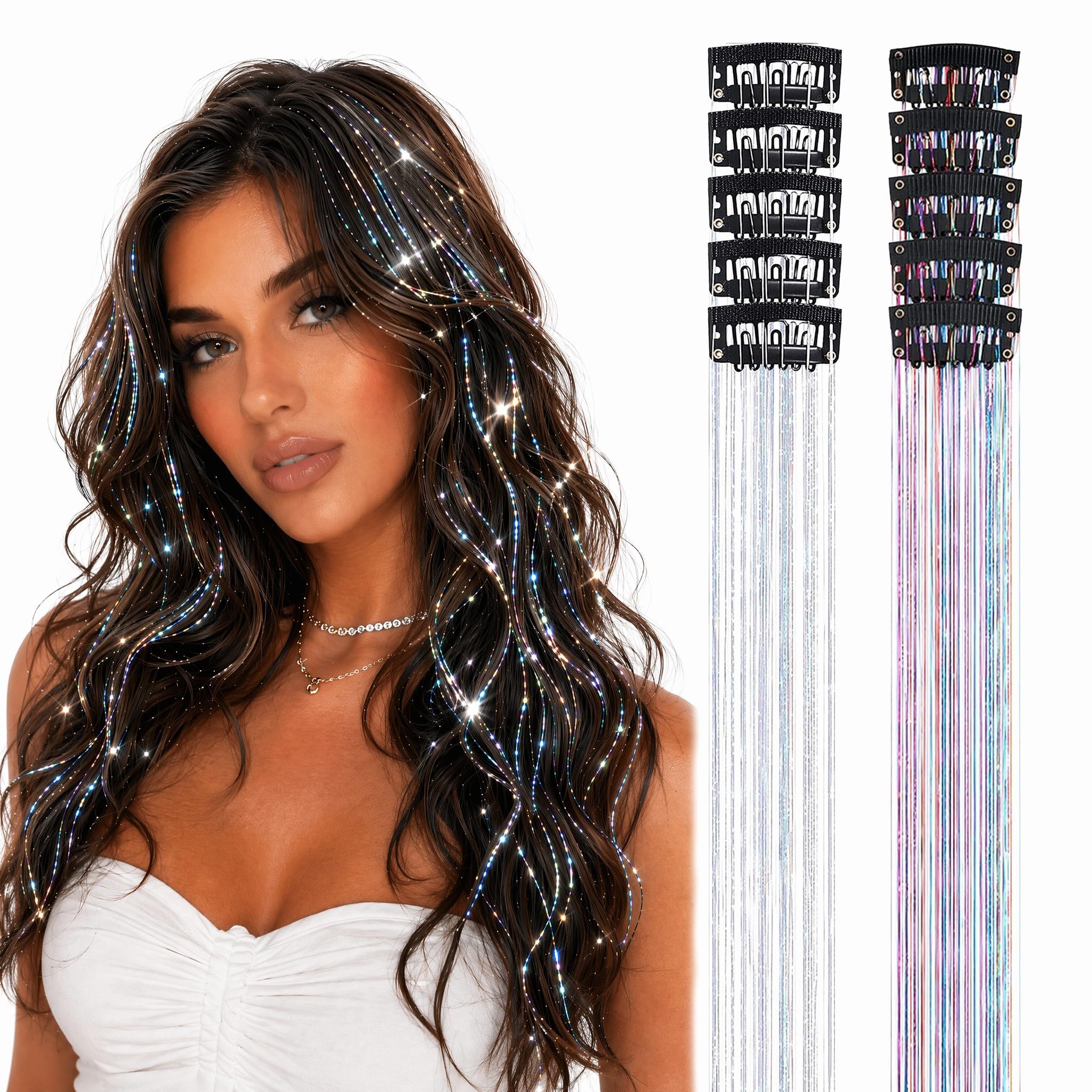 VVPENA 12 Stück Glitzer Haarsträhnen Clip, 50cm Glitzer Extensions Haarlametta Strähnen, Tinsel Haar Lametta Glitzersträhnen für Haare
