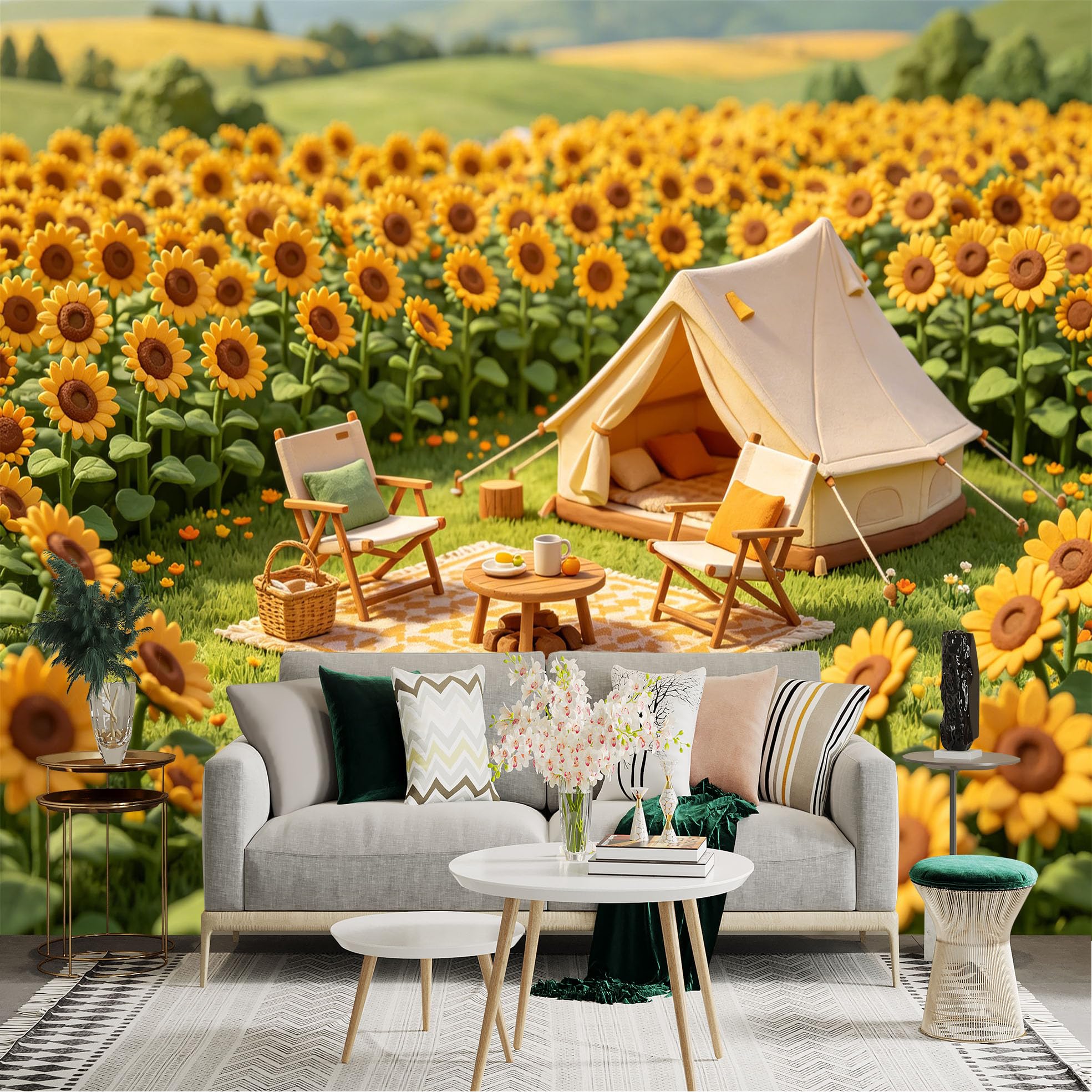 Lnzczhyre Dbh260521929 Custom Size Wall Sticker Mural， Camping In Sunflower Field， Summer Floral Landscape， Cozy Outdoor Picnic Scene， For Wall Decoration， Peelandstick Wall Decals.