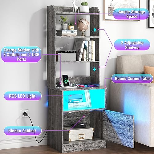 Miniatura 5 de Aufvolr Mesita de noche con estación de carga y luz LED, mesita de noche con estanterías y armario de almacenamiento, para sala de estar,