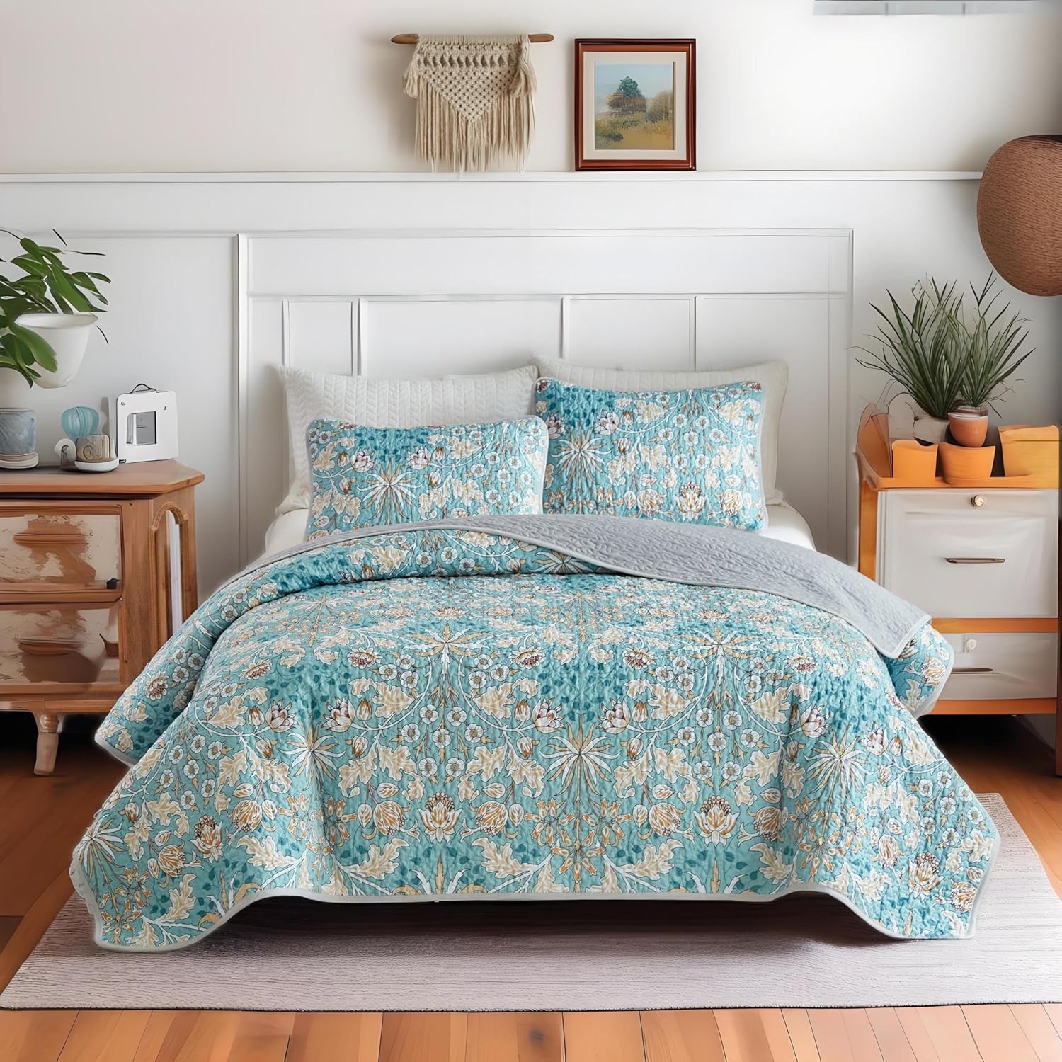 ITFRO Quilt Set Queen Size Bedding Sets Ultra Soft Microfiber Comforter Set Lightweight Boho Floral Botanical Bedspread Coverlet for All Season with 2 Shams Blue (Blue Flower, Queen) | Soft Lightweight