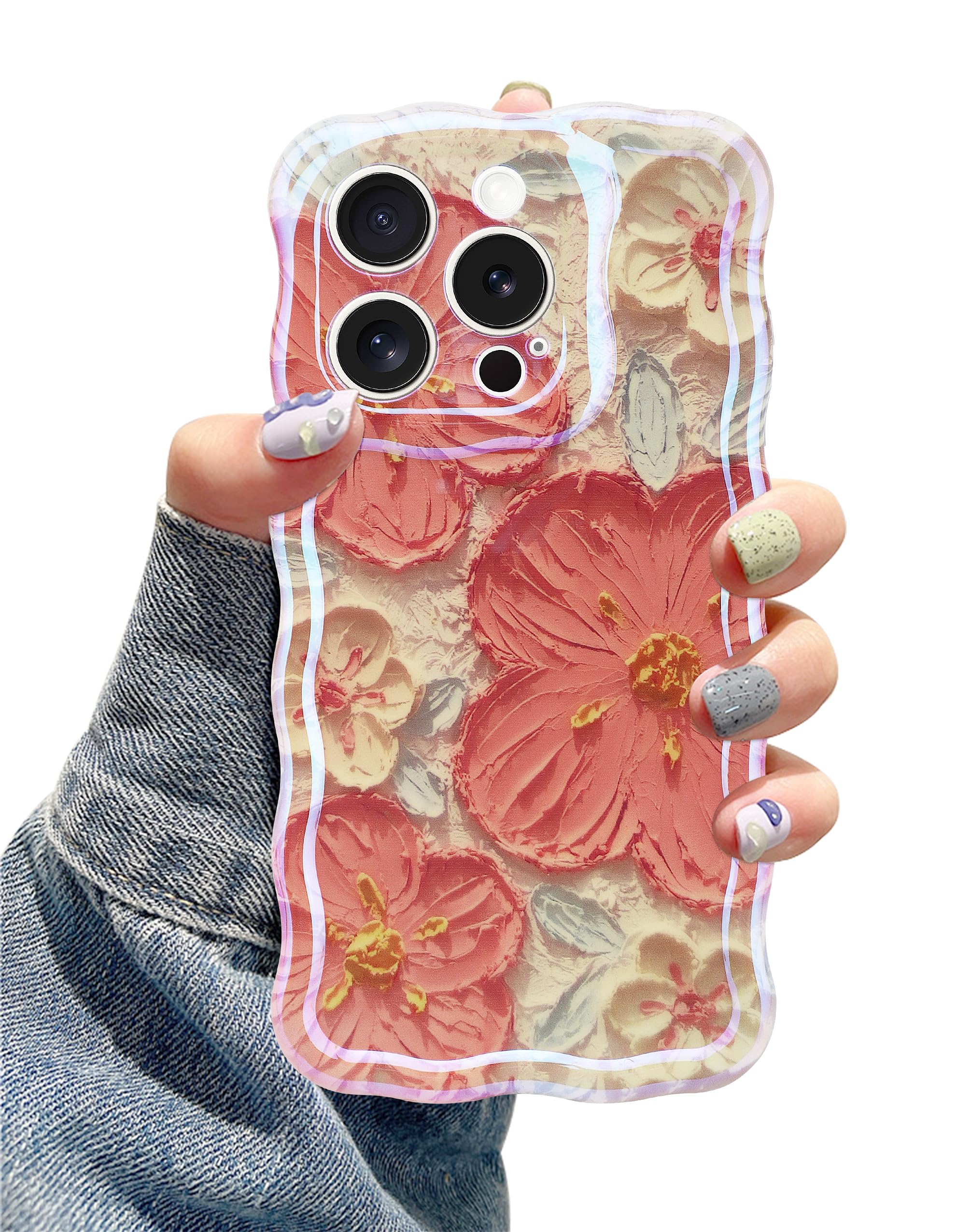 Jusy Compatible with iPhone 13 Pro, Colorful Retro Oil Painting Printed Flower Laser Glossy Pattern Cute Curly Wave Phone Case Soft TPU Cover for