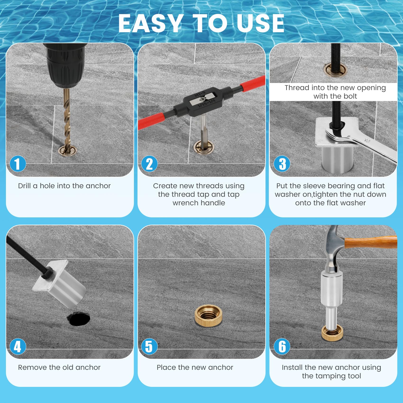 noblequest Pool Cover Anchor Removal Kit Includes 10 Brass Pool Cover Anchors, Anchor Replacement and Installation Tools, Pool Cover Tool for Inground Pools for Concrete and Paved Surfaces
