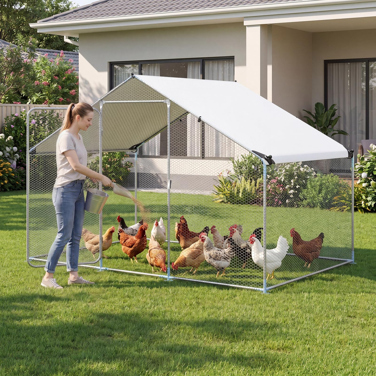 COSTWAY Gallinero para Exterior, Gallinero Grande Exterior con Cubierta Impermeable, Malla Hexagonal y Puerta Bloqueable, Corral de Acero Galvanizado para Aves Patos Gansos Granja, 300 x 203 x 202 cm