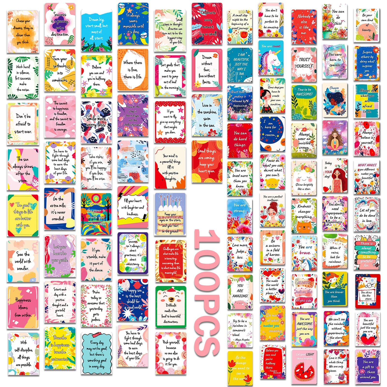 100 Styles Motivational Quote Note Cards, Encouragement Greeting Cards for School Workplace Gifts, Mini Inspirational Appreciation Business Cards for Student Teacher