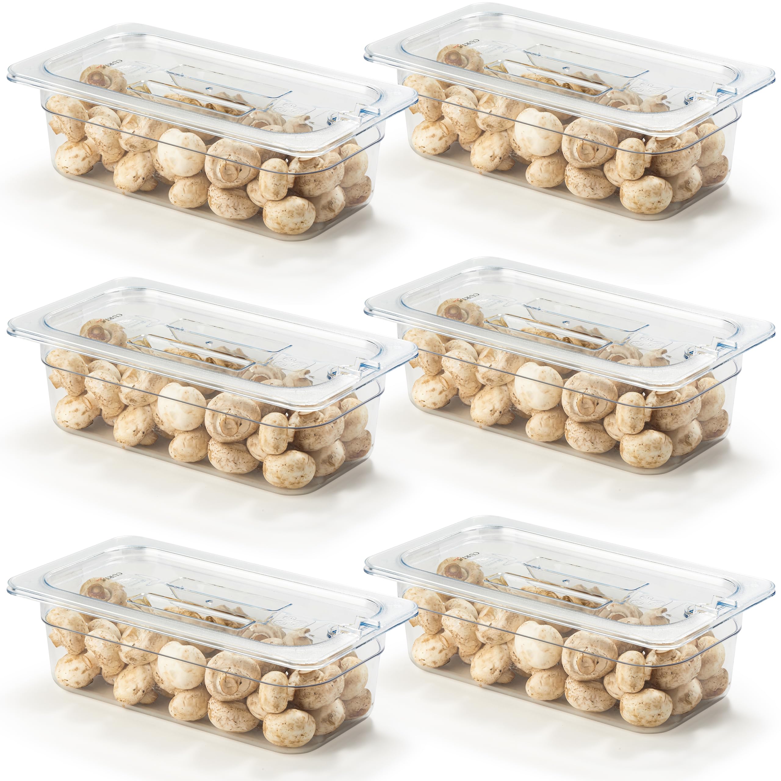 CURTA Paquete de 6 sartenes de policarbonato NSF de 1/3 de tamaño de 4 pulgadas de profundidad con tapa con muescas y bandeja de drenaje, recipiente transparente apto para lavavajillas y congelador