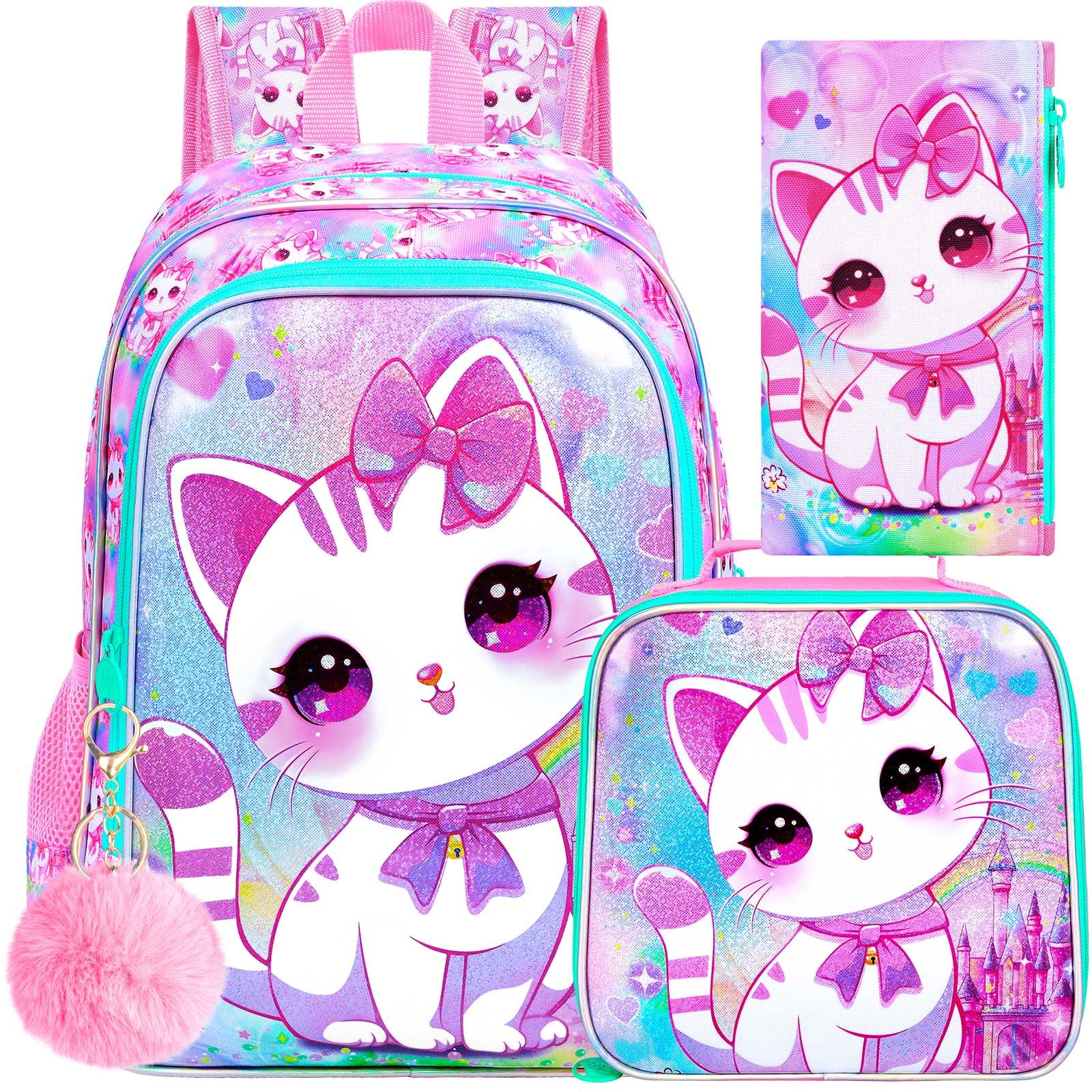 CCJPX 3PCS Cat Backpack for Girls, 16”Kids Preschool Bookbag with Lunch Box, Cute Water Resistant Elementary School Bag for Teen Kindergarten Toddler