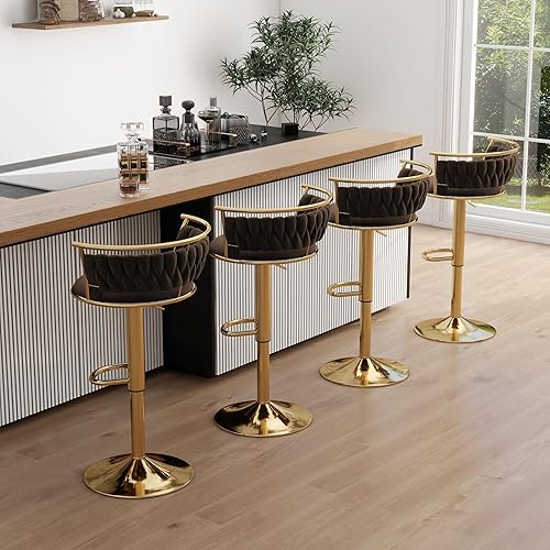 UIXE 360° Swivel Bar Stools Set of 4, Modern Adjustable Counter Height Bar Chair Gold Metal Stool, Comfortable Velvet Kitchen Island Dining Chairs with Woven Back & Footrest for Cafe Pub - Coffee