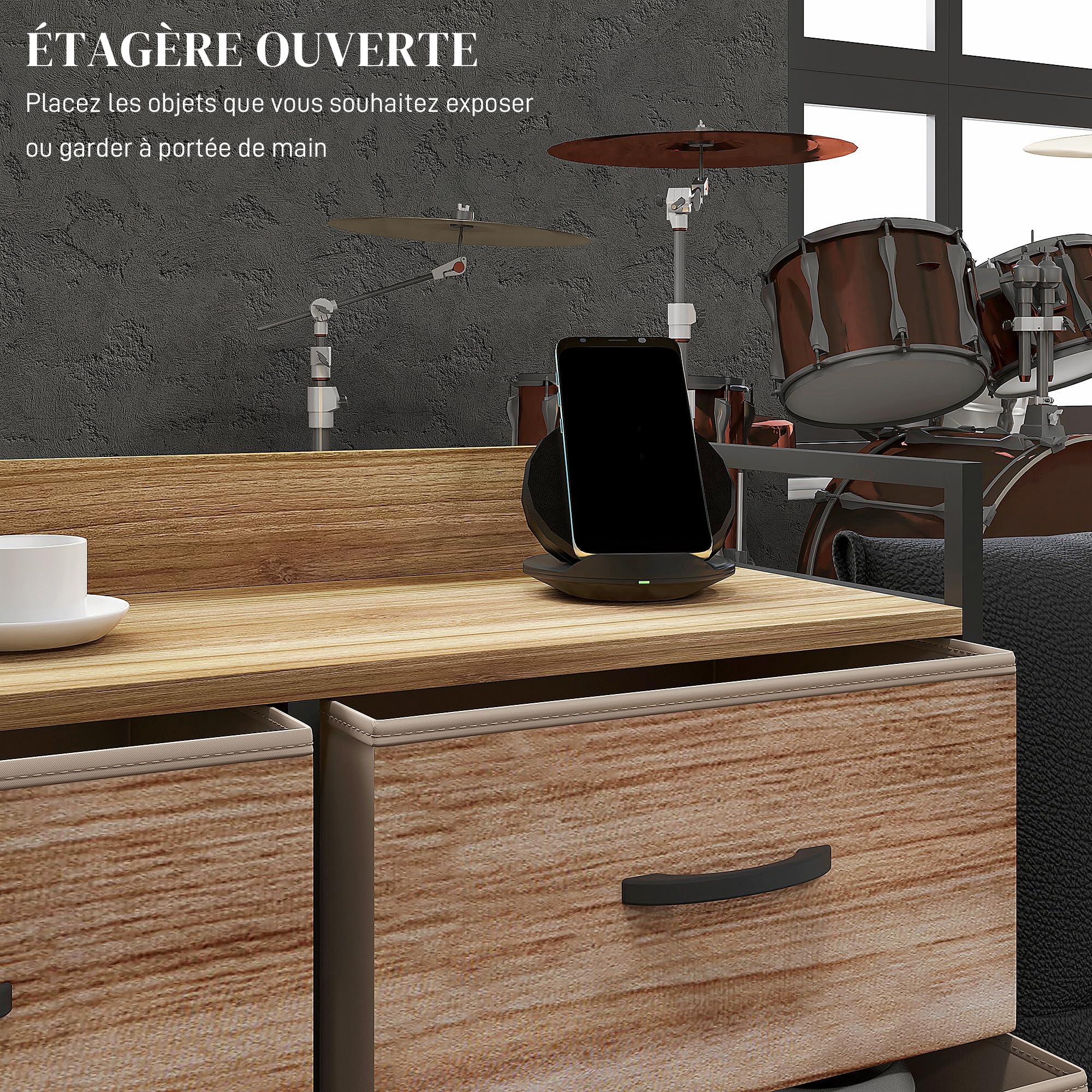 HOMCOM Meuble de Rangement Commode chiffonnier 8 tiroirs en Tissu Amovibles, étagère supérieure et Cadre Acier Style Industriel, 79L x 29l x 101H cm chêne et Noir