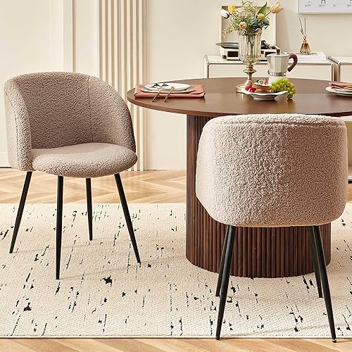 Miniatura 4 de Acogedor juego de 2 sillones tapizados, sillas de sala de estar de piel sintética esponjosa con respaldo medio, silla de comedor de sherpa suave con