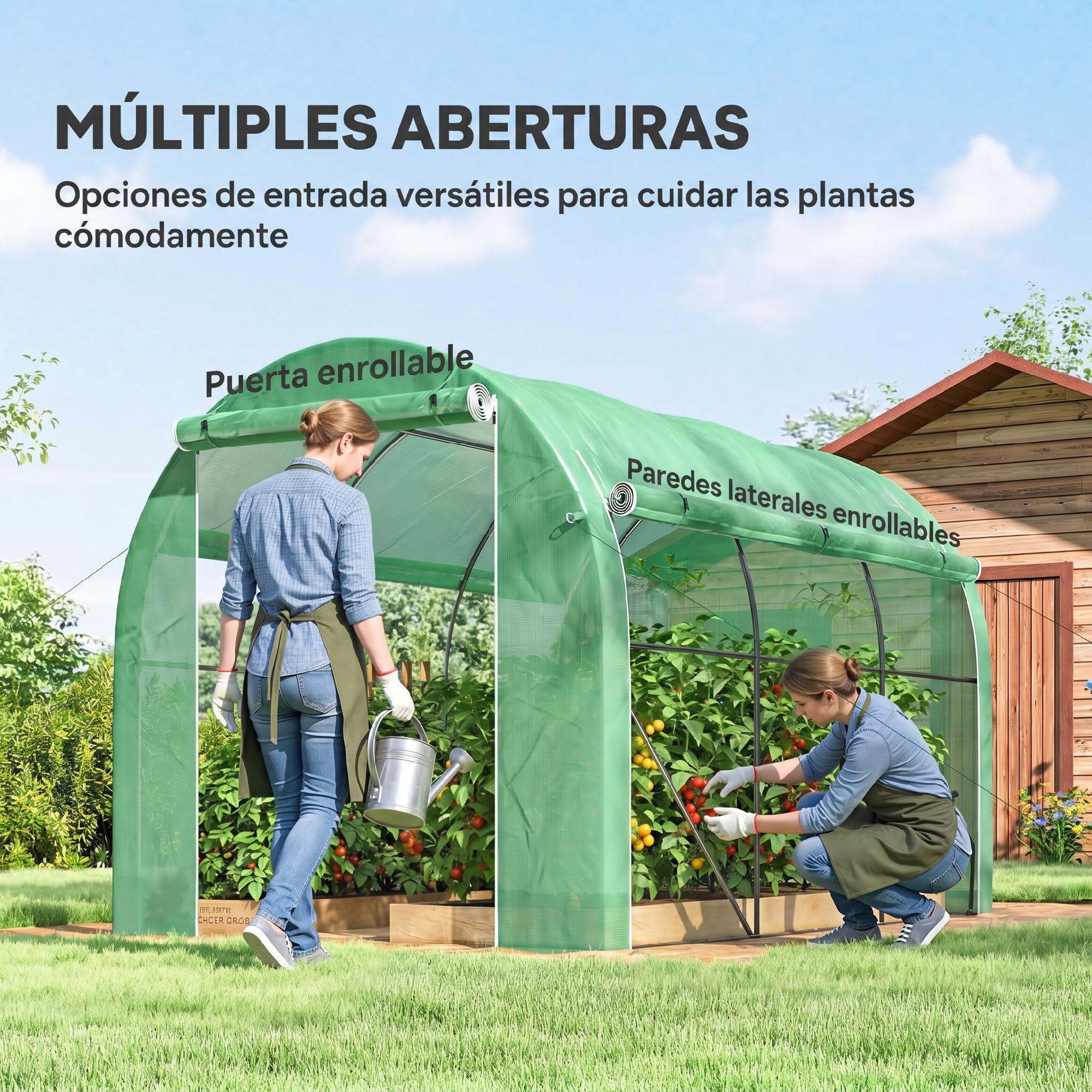 Outsunny Invernadero de Túnel 296x196x200 cm Invernadero de Jardín con 3 Puertas Enrollables 6 Ventanas Cubierta PE 140g/m² Estructura de Acero Galvanizado para Cultivos Plantas Flores Verde