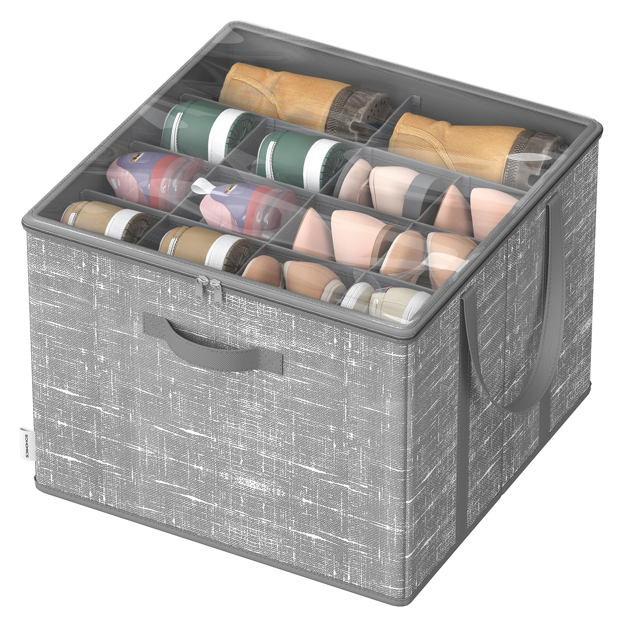 SONGMICS Shoe Organizer for Closet, Fits 16 Pairs, Shoe Storage Bin, Fabric Container with Handles and Clear Cover, for Bedroom, Entryway, Closet, Cattail Gray ULSP601G01 Cattail Gray 1 Pack