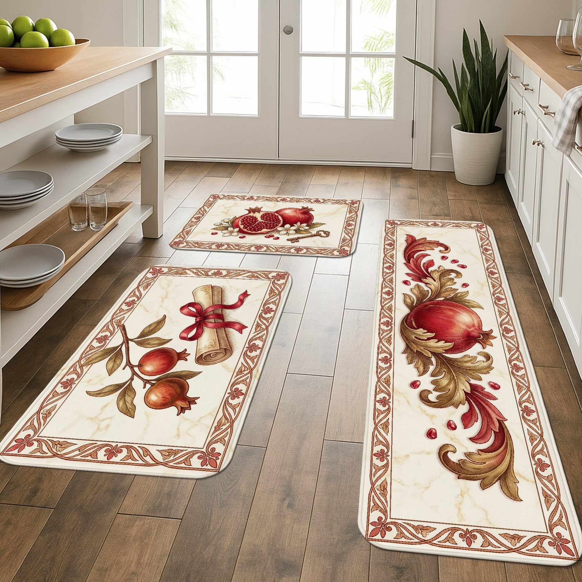 Tapetes de cocina lavables y acolchados con diseño floral crema elegante