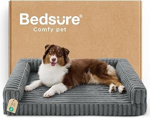 Bedsure Large Dog Bed, Orthopedic Waterproof Memory Foam Pet Bed for Large Dogs, Egg-Crate Foam Large Dog Couch with Sides, Washable Removable Faux Fur & Corduroy Cover, Non-Slip Bottom, Grey 35"