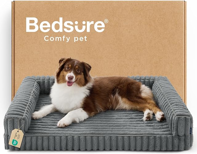 Bedsure Large Dog Bed, Orthopedic Waterproof Memory Foam Pet Bed for Large Dogs, Egg-Crate Foam Large Dog Couch with Sides, Washable Removable Faux Fur & Corduroy Cover, Non-Slip Bottom, Grey 35"