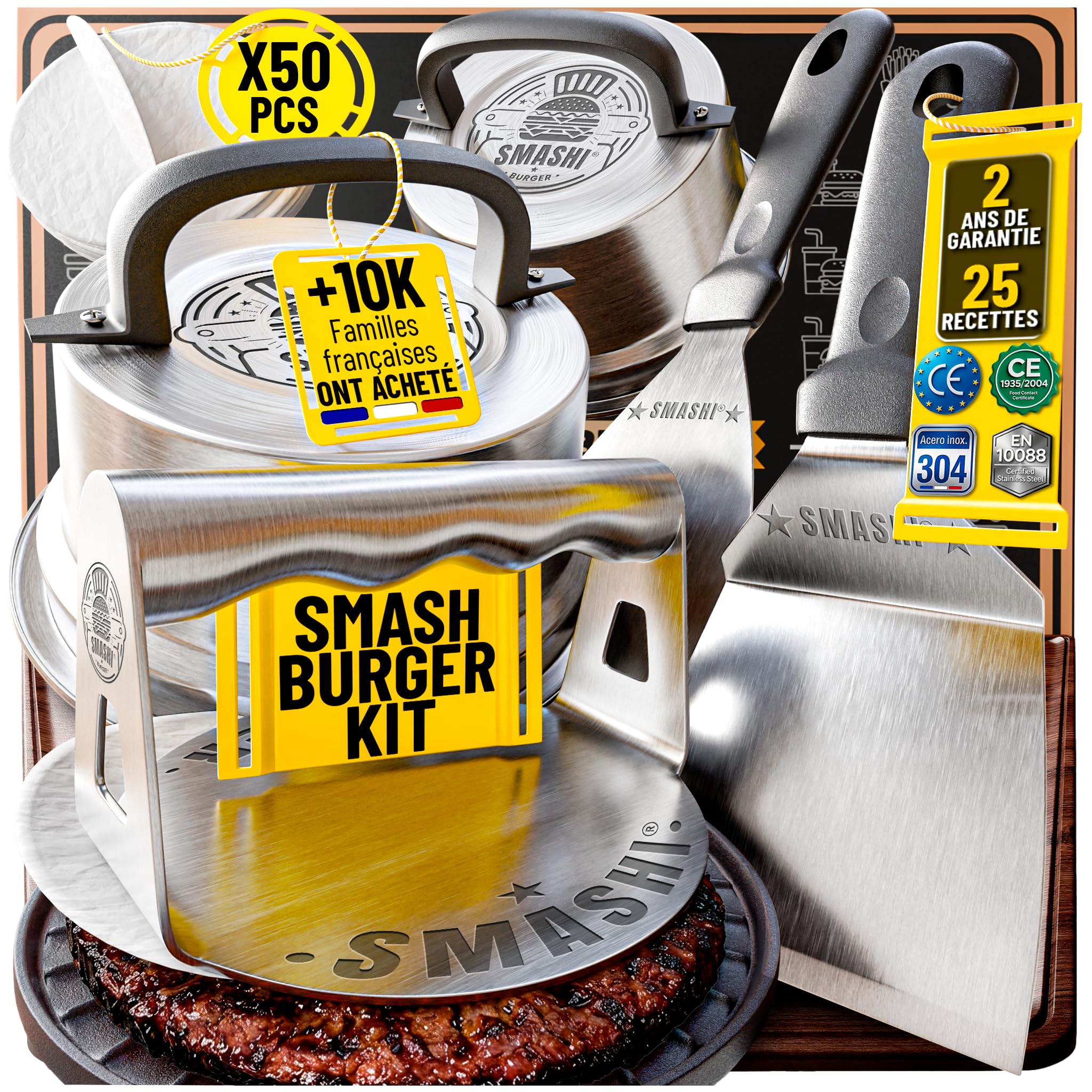 SMASHI® Smash Burger Kit de pièces Professionnelles en Acier Inoxydable 304 certifié EU Contact Alimentaire | Presse Smash Burger Anti-adhésif | Le véritable kit Smash Burger (Professionnel)