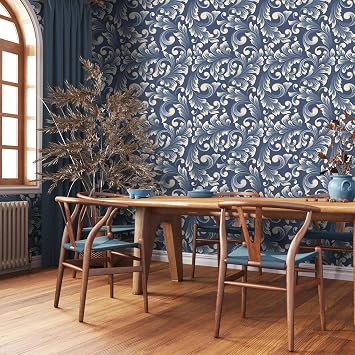 VaryStyle 17.7x118 Classical Damask Wallpaper Navy Blue/Cream Victorian Floral Peel and Stick Wallpaper Vintage Paisley Wall Paper Removable Self Adhesive Contact Paper for Cabinets Bathroom Bedroom