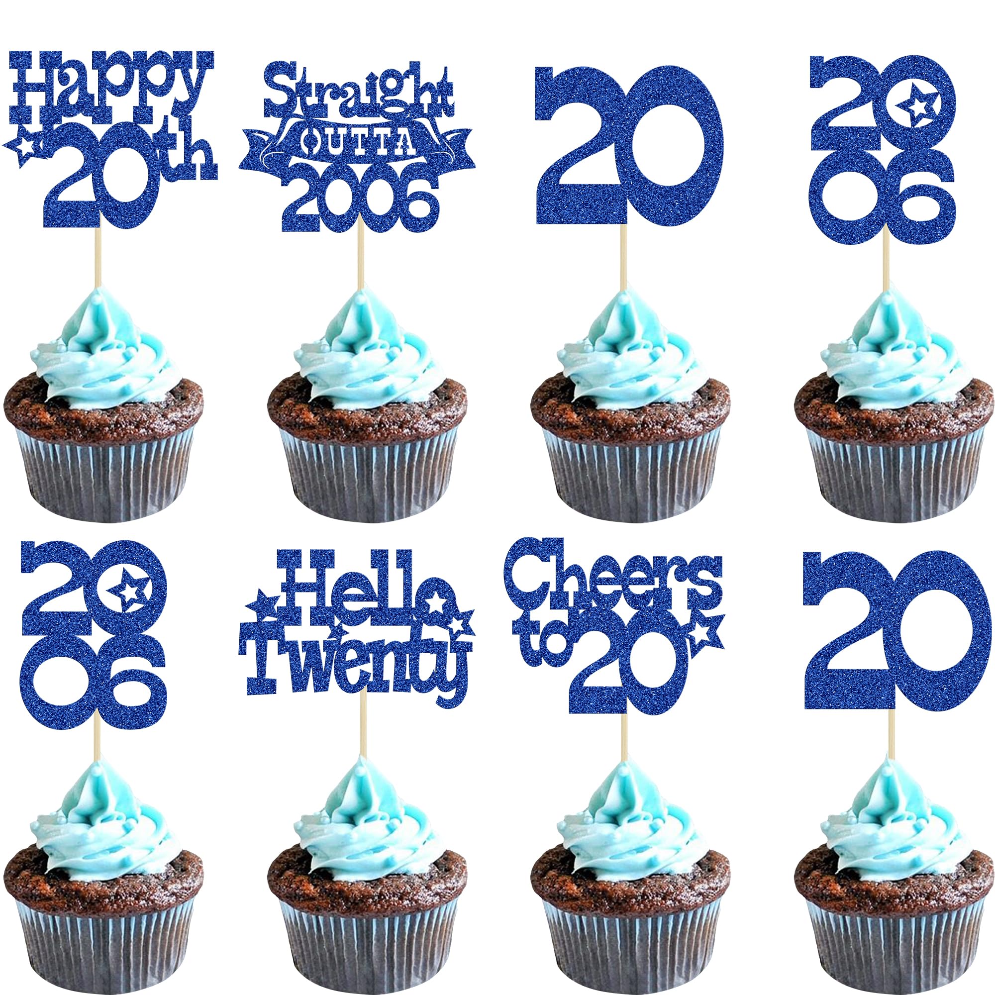 Ephlyn 30Pcs Happy 20th Birthday Cupcake Toppers Glitter Twenty Straight Outta 2006 Cupcake Picks Cheers to 20 Years Cake Decorations for 20th Birthday Anniversary Party Supplies Blue