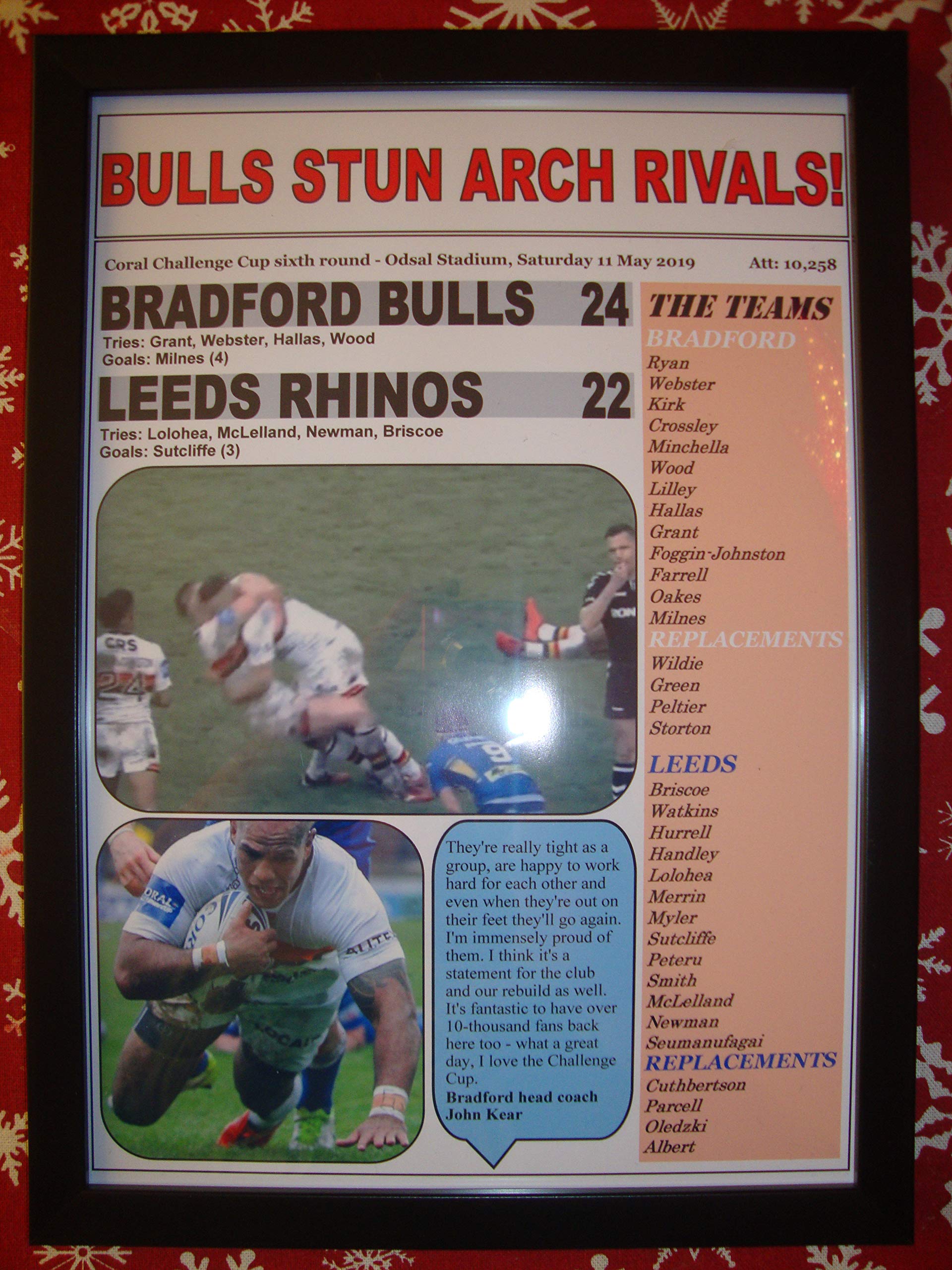 Sports Prints Uk Black Bradford Bulls 24 Leeds Rhinos 22-2019 Challenge Cup - Framed Print
