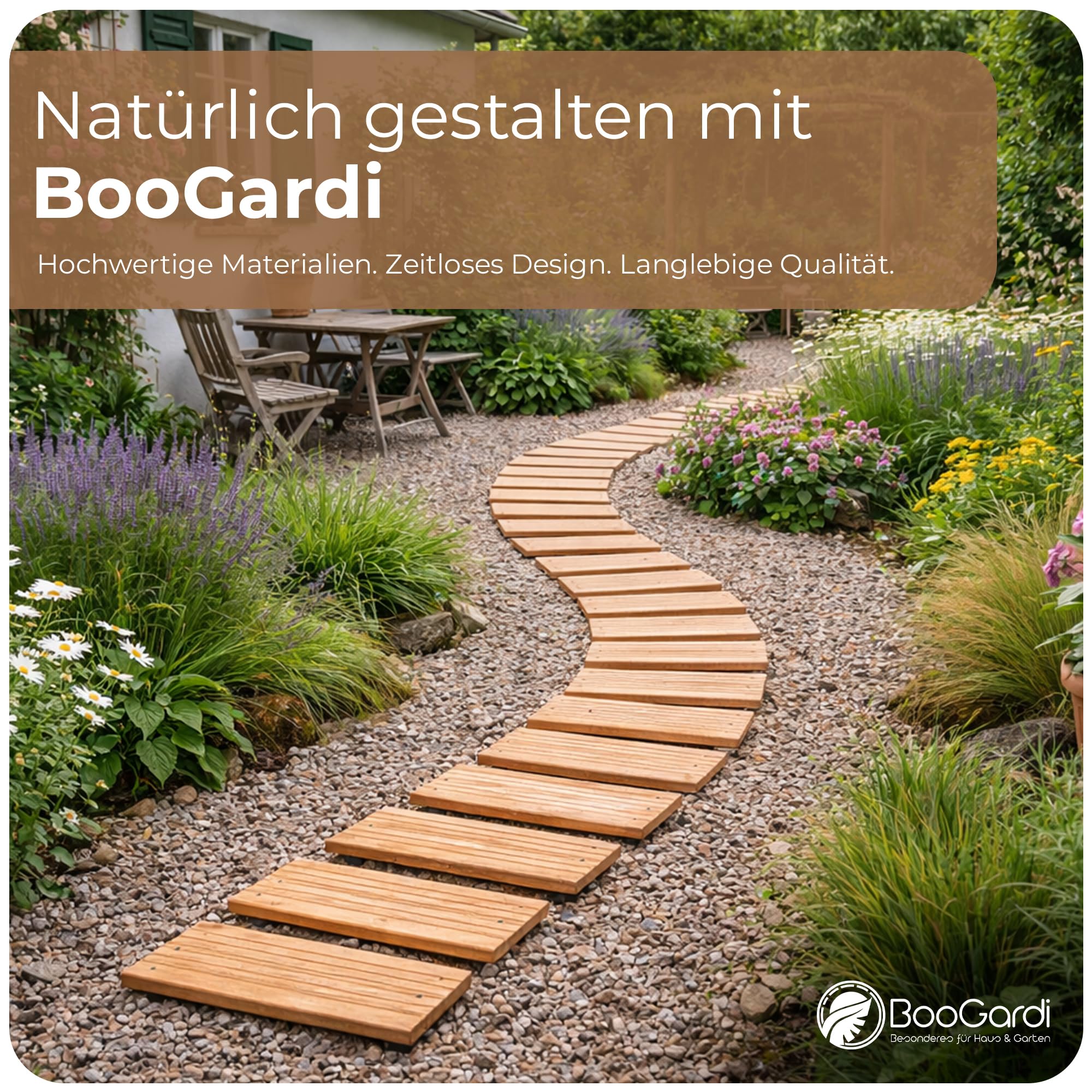 BooGardi Camino de alerce en 6 tamaños 250 cm de largo · 30 cm / 40 cm / 50 cm de ancho · 40 cm distancia entre listones 8 cm · camino de madera para desenrollar · Escalera de madera para jardín