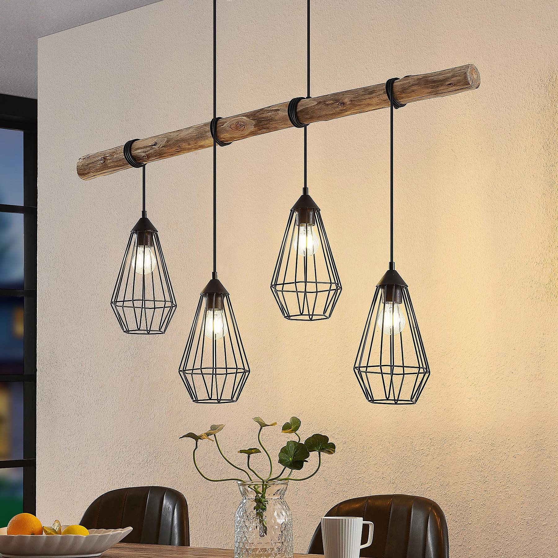 Lindby Esstisch Pendelleuchte Holz, Eisen Balkenpendelleuchte Holzast und Käfig Lampenschirm Holzlampe Lampe Wohnzimmer 4x E27 max. 60W ohne Leuchtmittel