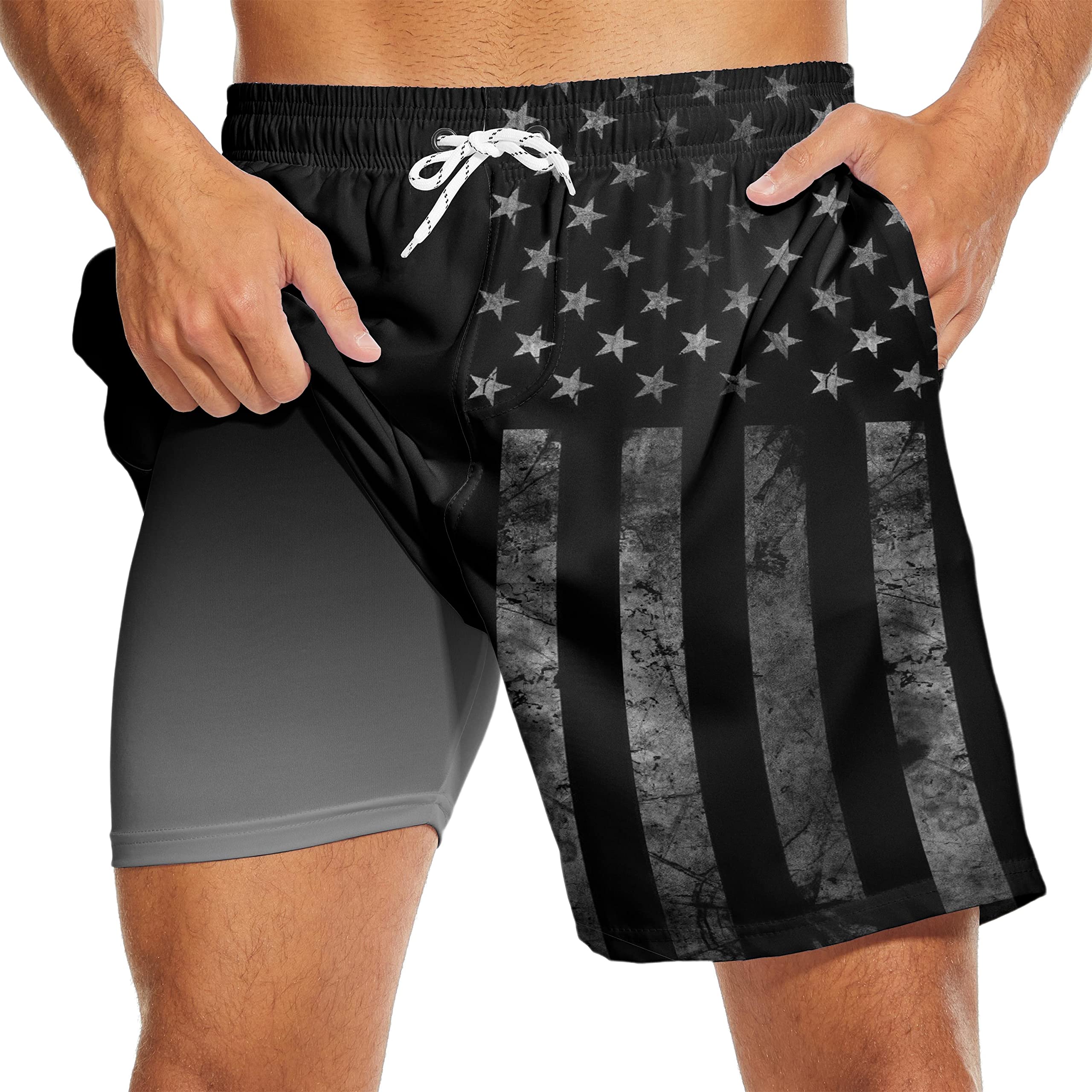 baprrjyMens Swim Trunks with Liner Breathable Compression Swim Shorts with 3 Pockets Flag Bathing Suit for Beach