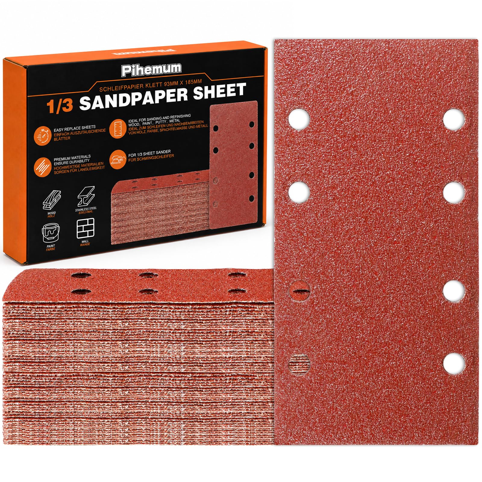 Pihemum 65 PCS Sanding Sheets 93 x 185 mm Grit 40 Hook and Loop Sanding Pads Sandpaper 8 Hole for Electric Sander