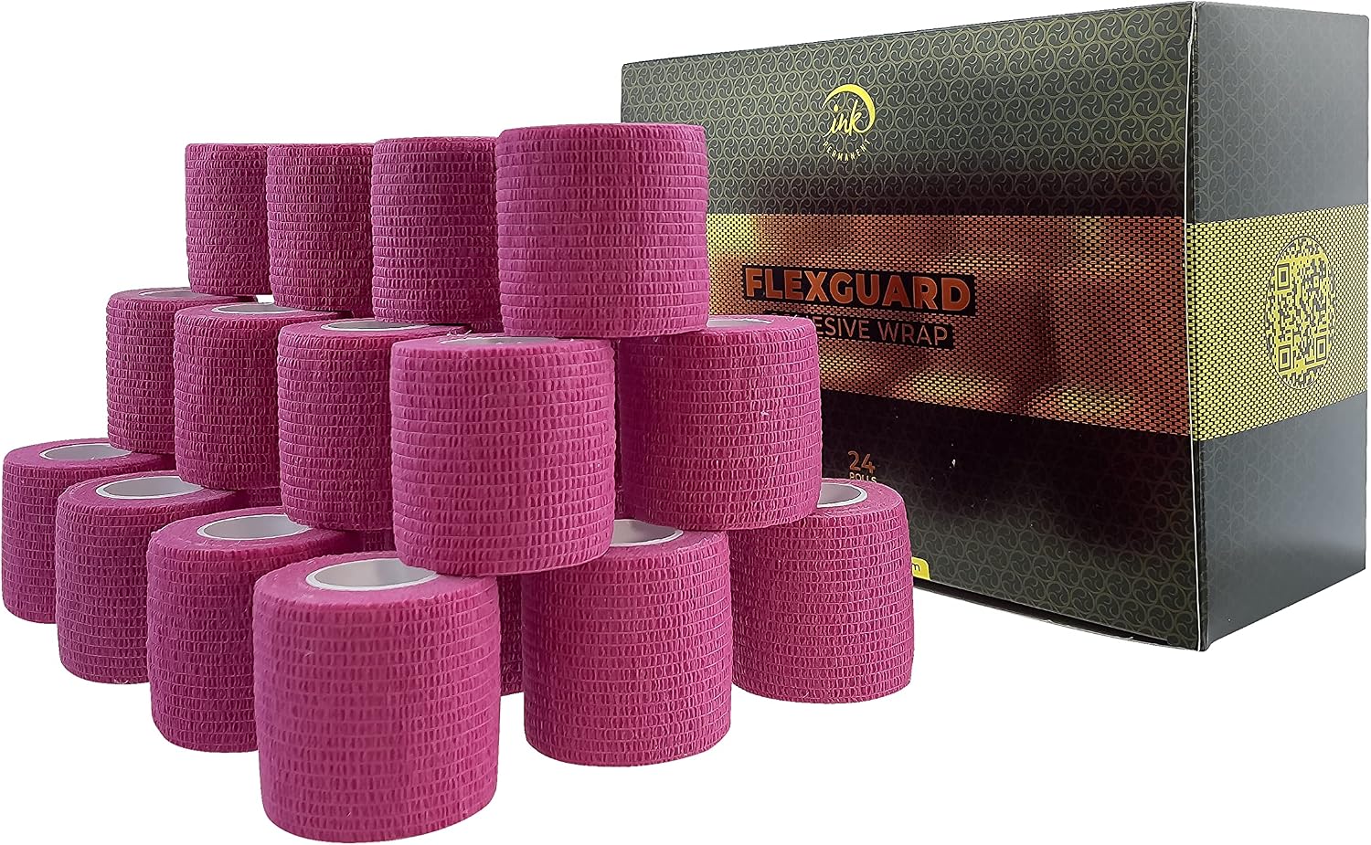 (24-Pack) 2” x 15 FT Disposable Cohesive Bandage Tattoo Grip Tape Wrap Elastic Self Adherent – Breathable Wrap for Pets, Athletic Bandage for Sports, Injuries: Ankle, Knee & Wrist & PMU (Military)