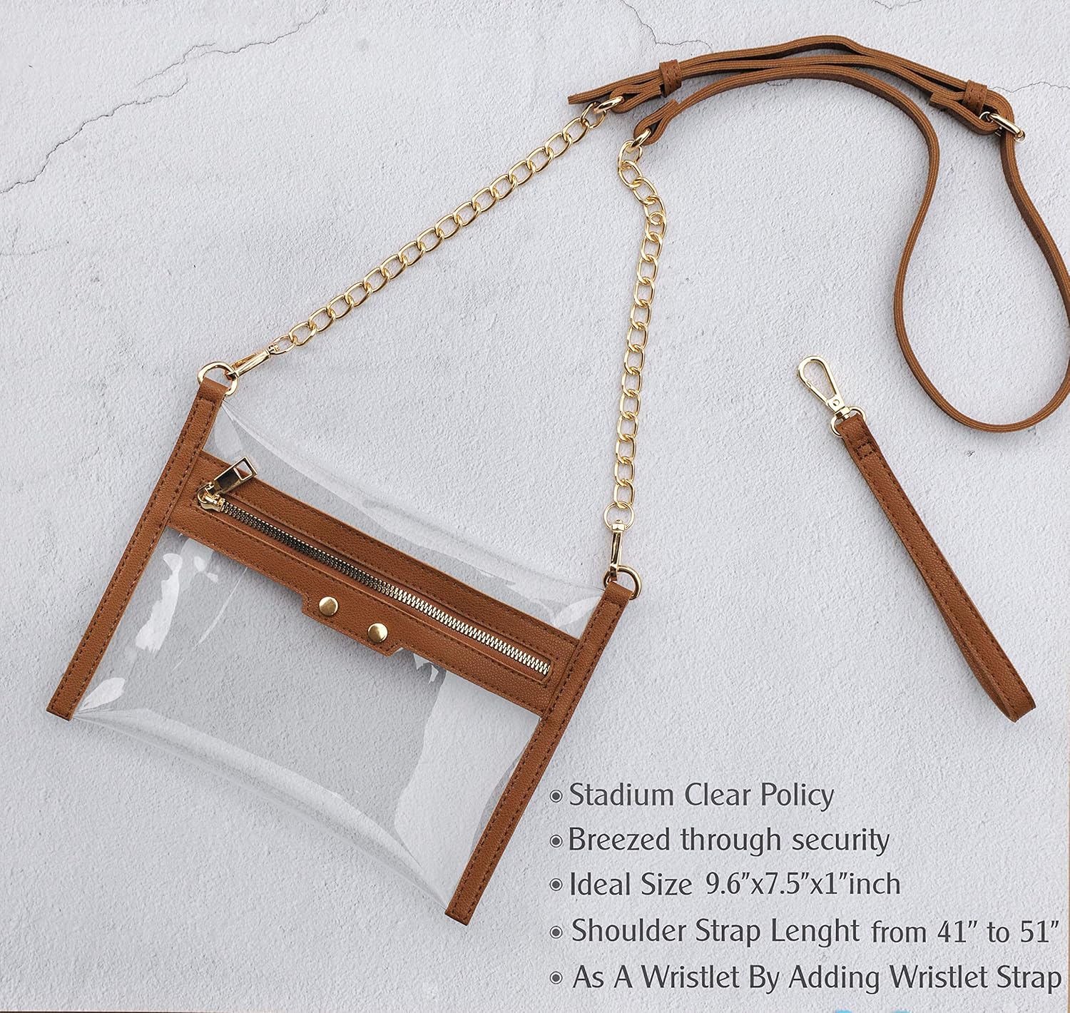 HOXIS Clear Zipper Purse Stadium Approved Women Chain Crossbody Bag Convertible Wristlet Clutch - Image 2