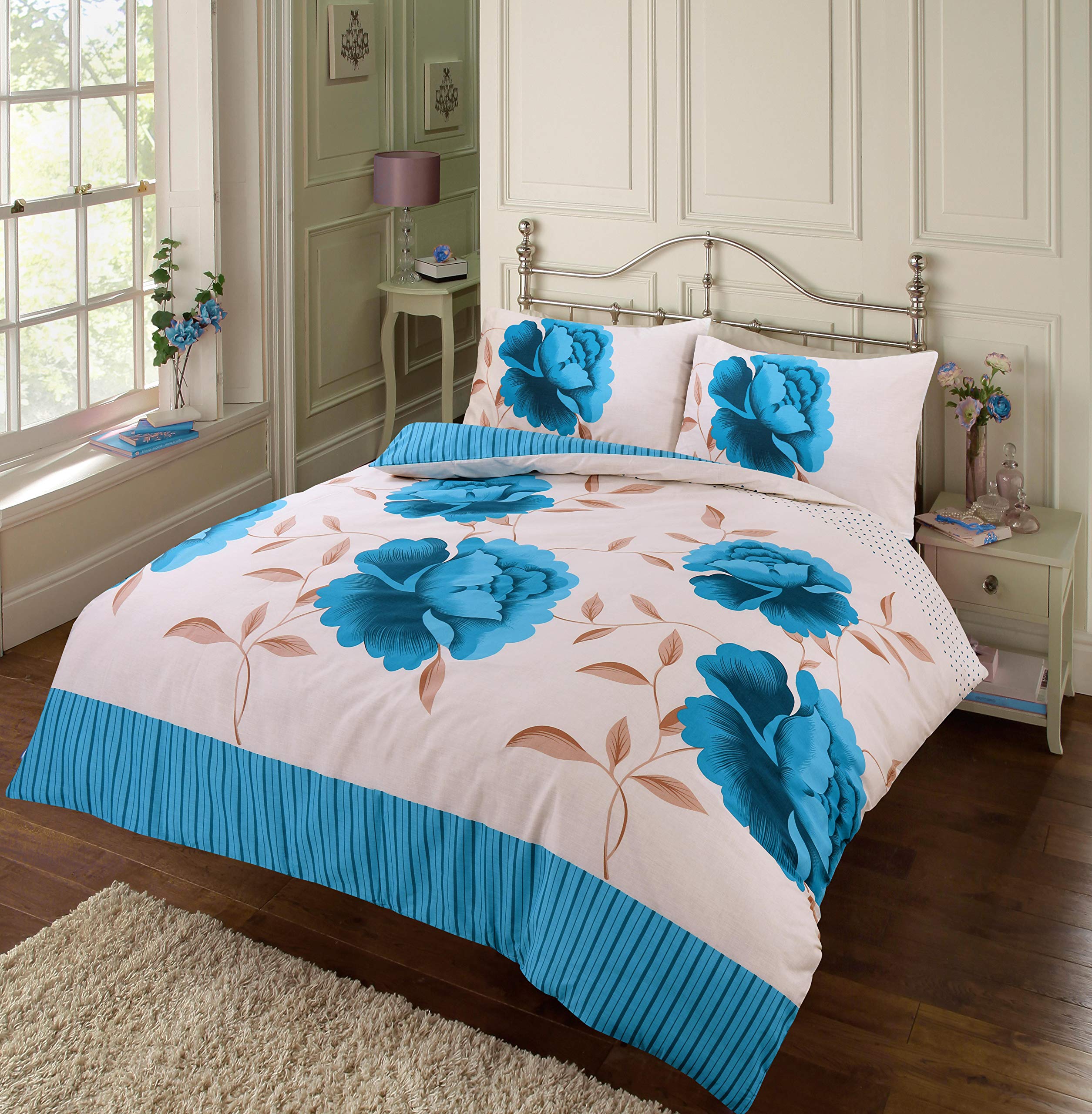 EHD Rosaleen Floral Pattern Modern Stylish Duvet Cover Sets Quilt Cover Sets Reversible Bedding Sets By NZ (Teal, King)
