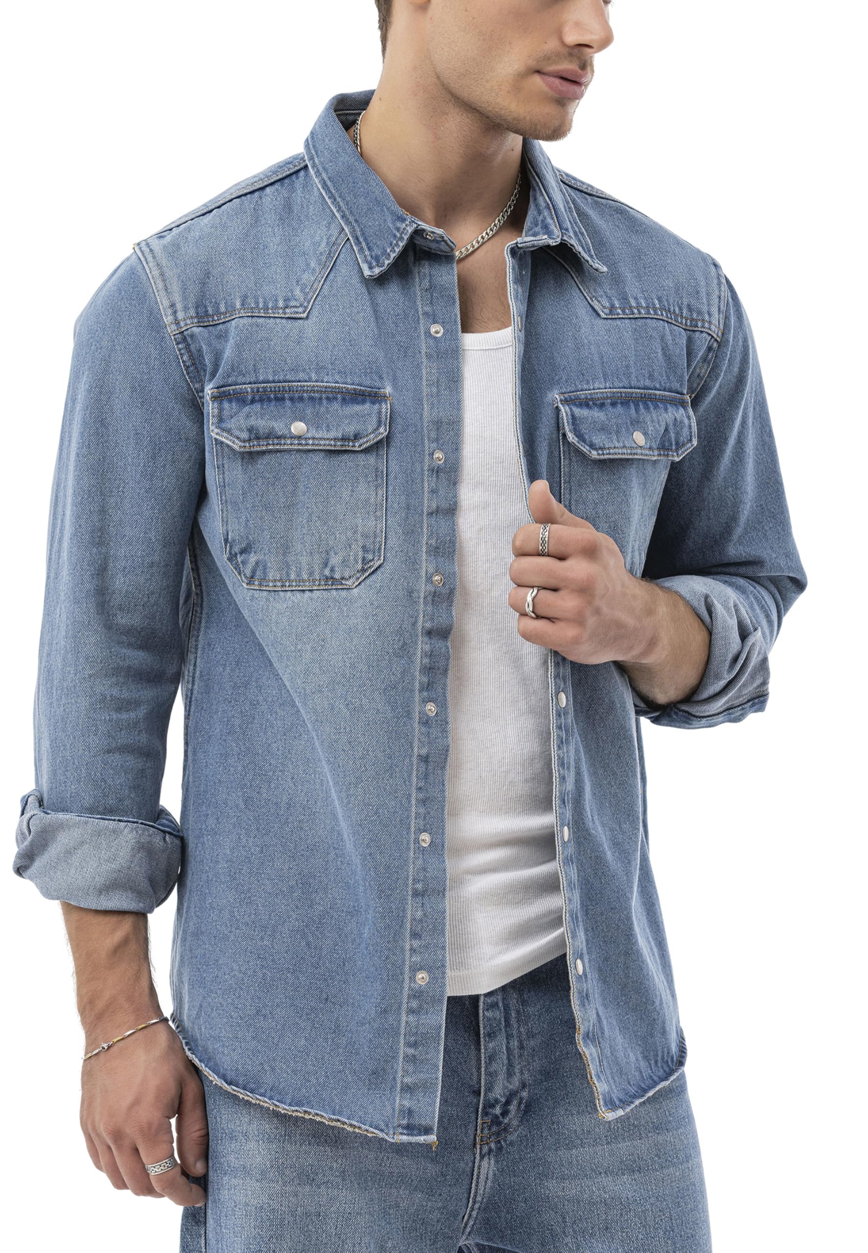 Redbridge by Spruce - Camicia in denim, con bottoni a pressione, oversize, con tasche sul petto, a maniche lunghe, vestibilità regolare