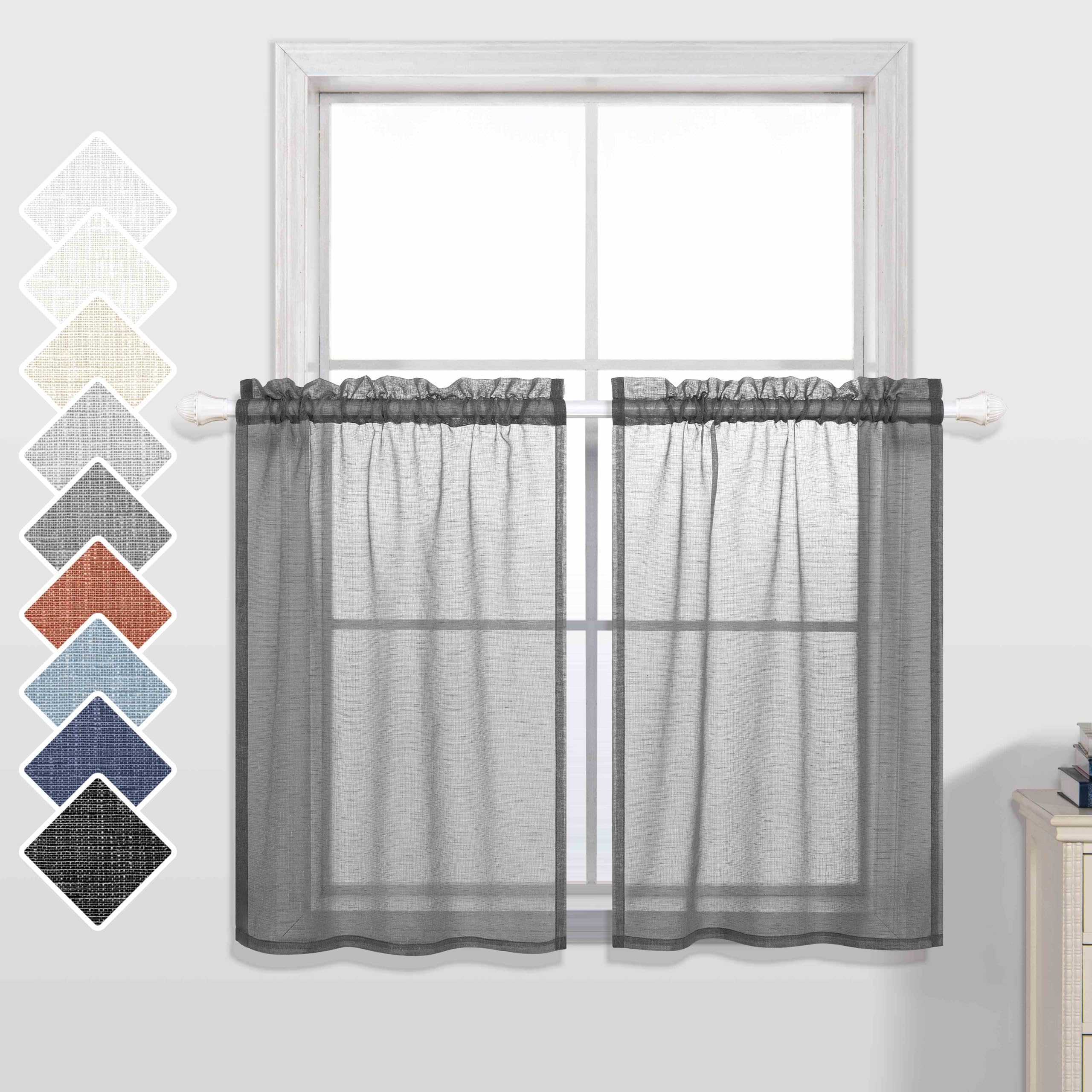 Dunkelgraue Vorhänge 61 Cm Länge - Leinenmix, Halbtransparent, 2 Panel, Für Kleine Fenster