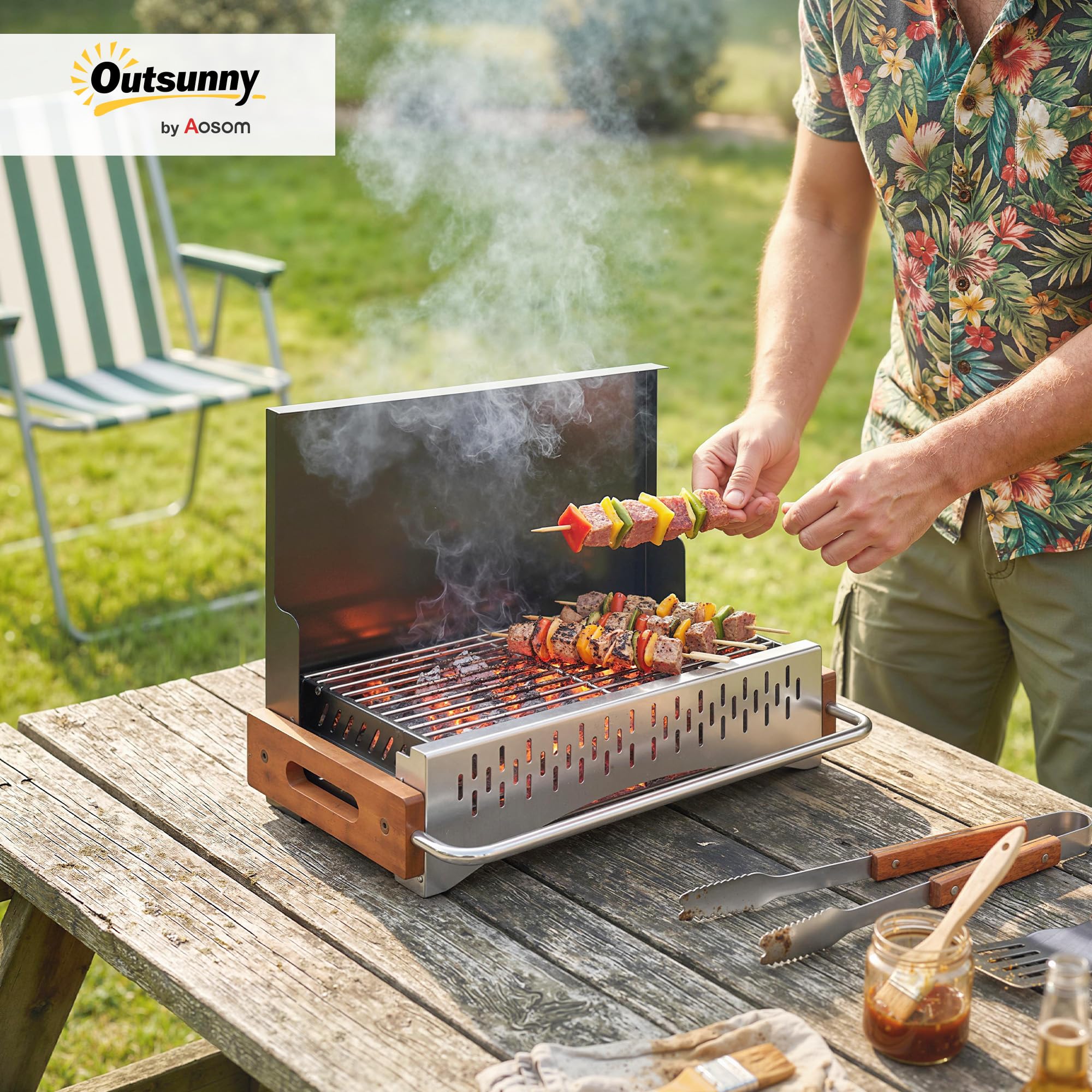 Outsunny Barbecue Portatile a Carbone, Griglia Pieghevole con Vaschetta Rimovibile per Campeggio, Picnic, Feste in Giardino, Nero