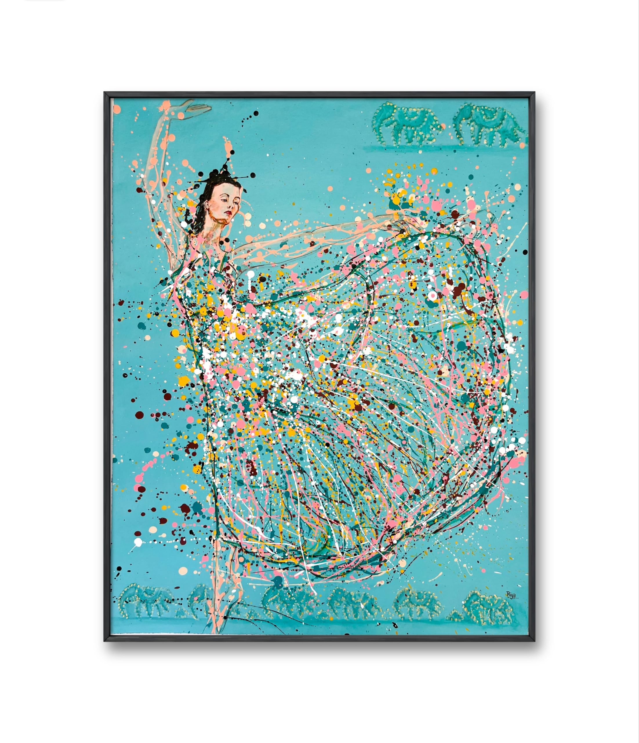 Riya'z- Ballet dance in blue-green Framed Art Prints Painting for home decor, museum quality art 11 × 14 Inch Wall Decor - Black Frame/Ready to Hang
