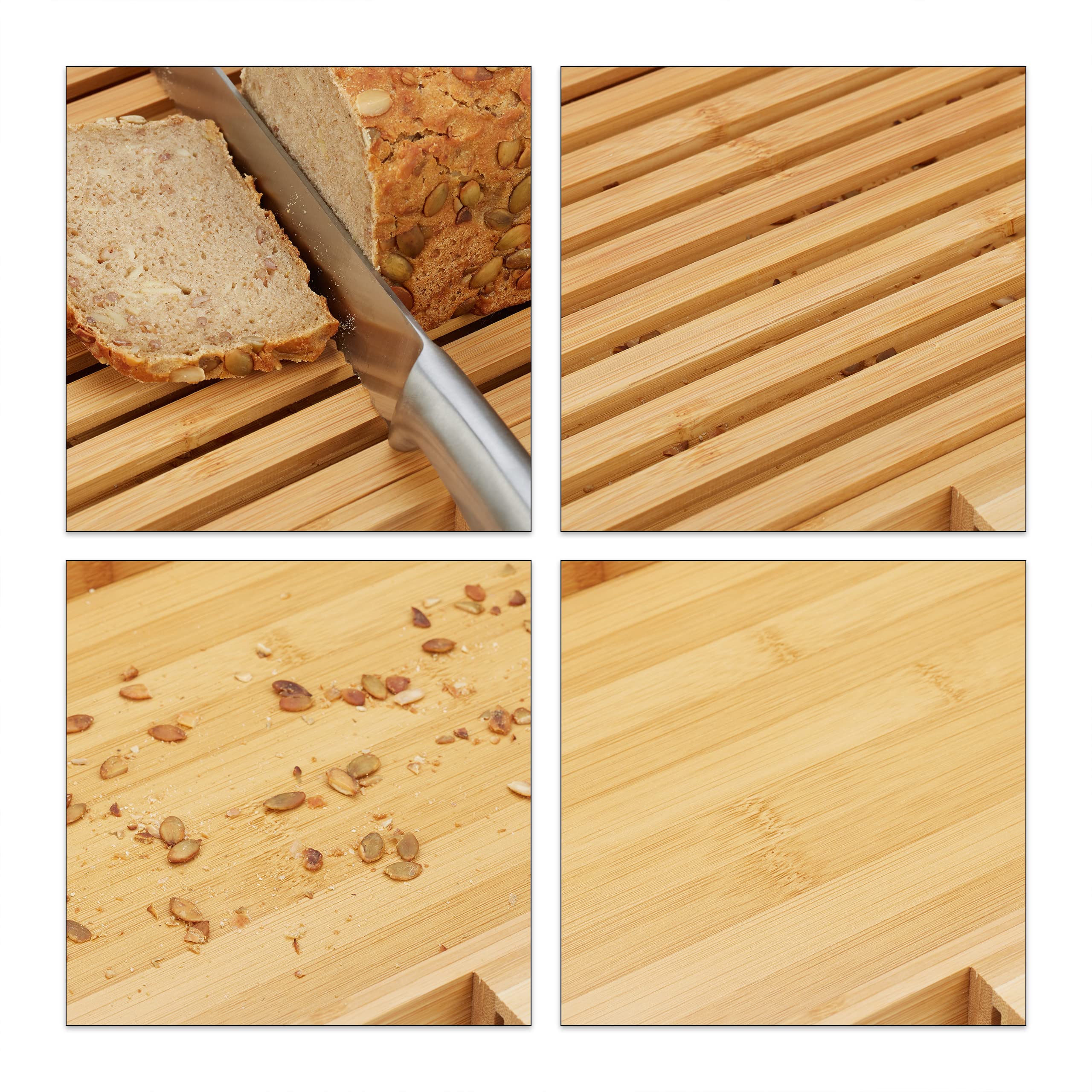 Relaxdays Planche à pain bambou, range-couteaux, couteau en inox, cuisine, planche à découper, HxlxP: 4x40x24 cm, nature