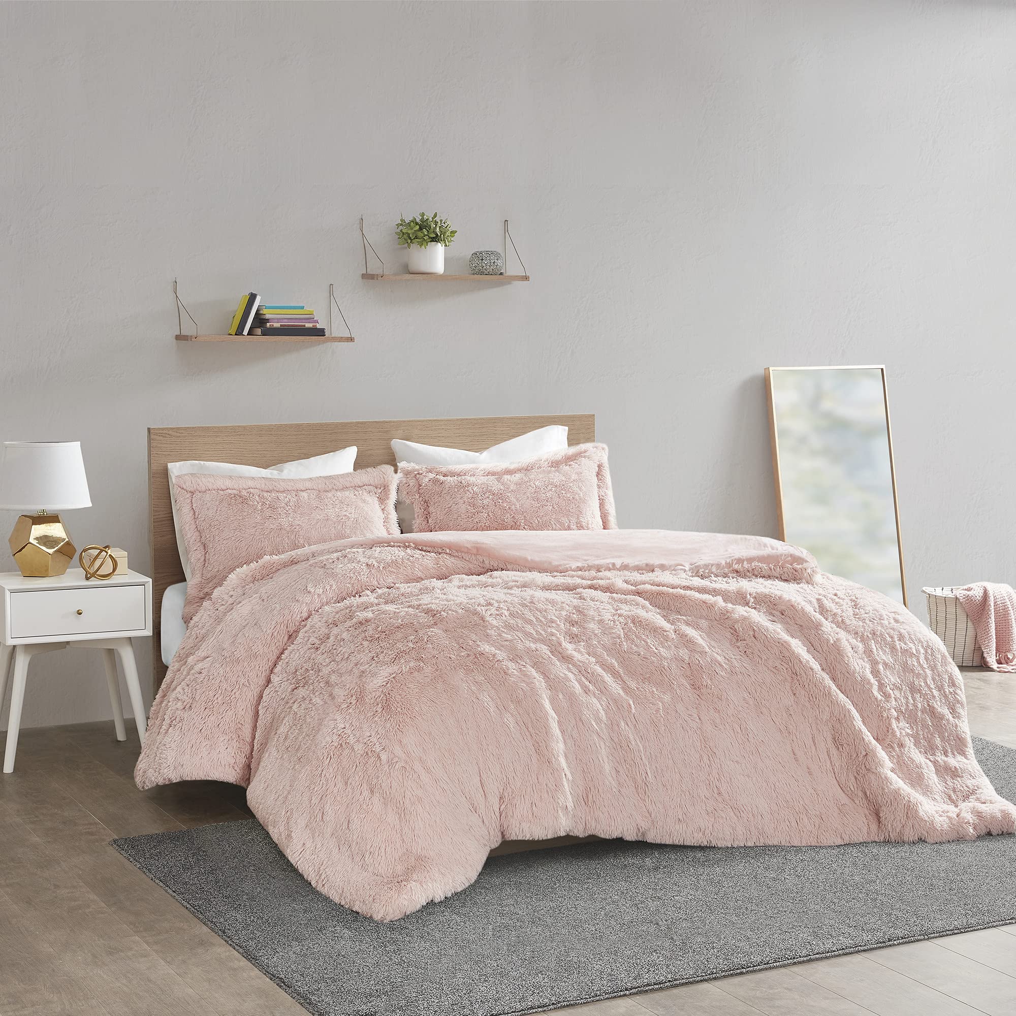 Malea Shaggy Duvet with Quilted Box Design, Long Faux Fur Comforter Cover Cozy Bedding Set, Matching Shams, (Insert Not Included) Full/Queen, Blush 3 Piece, 90x90