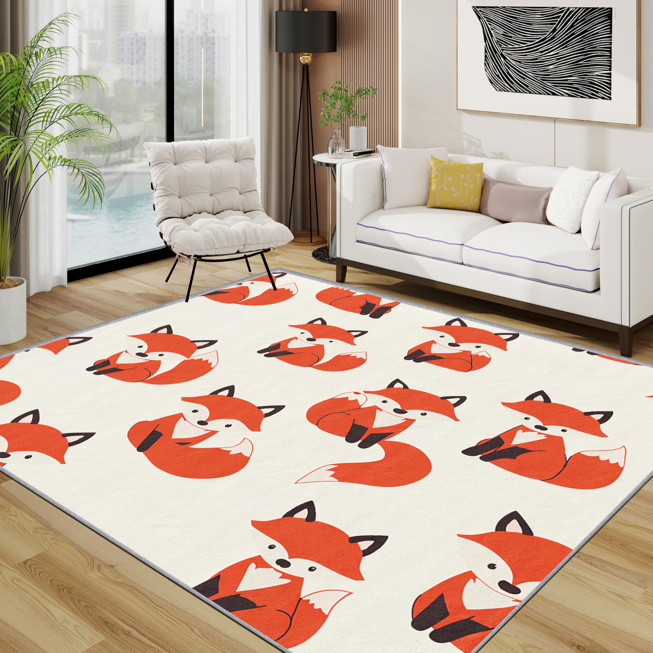 Fox Area Rugs for Living Room 120x180 - Cute Cartoon Woodland Animal Rug for Bedroom, Red Forest Wildlife Nursery Non Slip Washable Short Pile Carpet, Fox House Decor