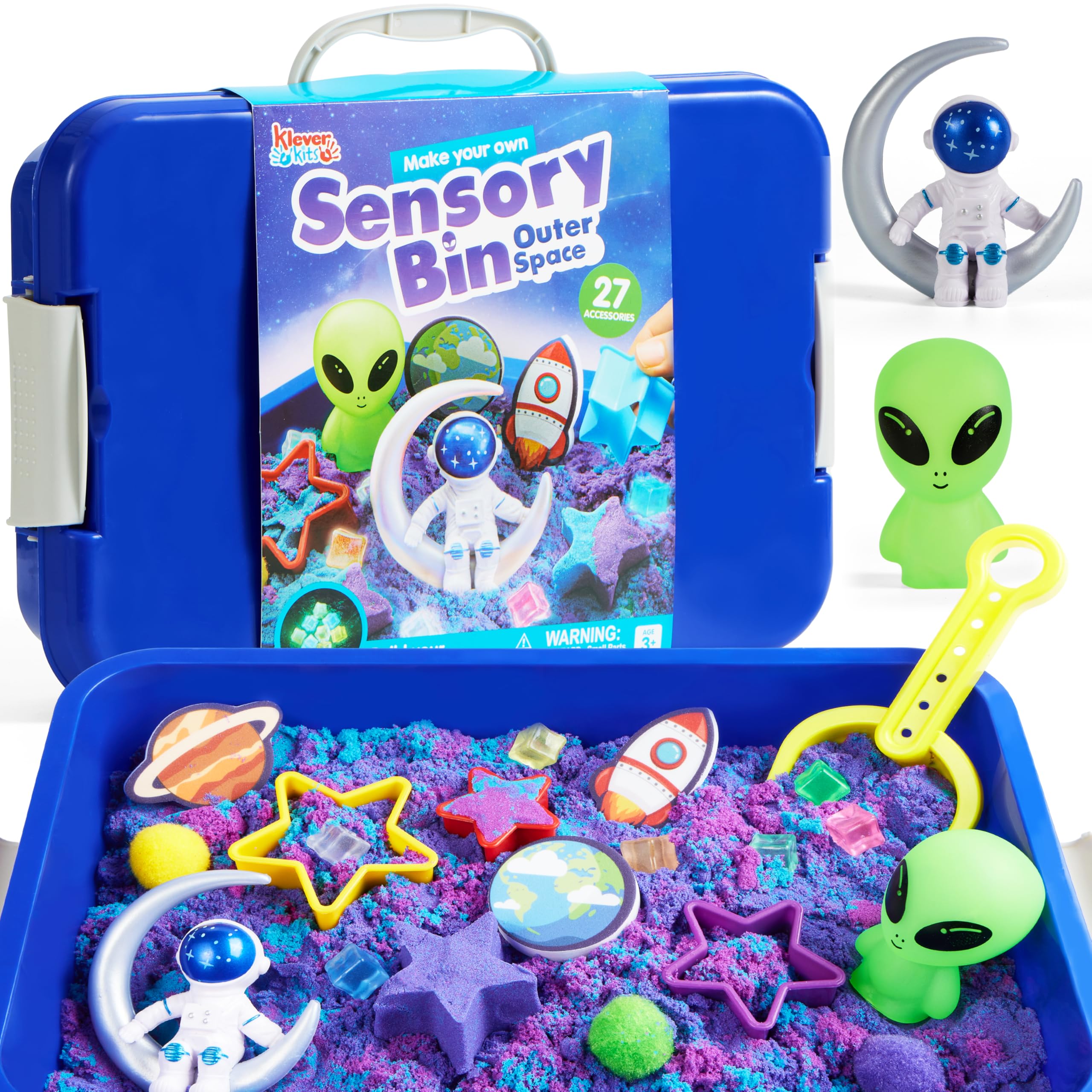 Klever Kits Space Sensory Bin for Toddlers with Glow in The Dark Stones Alien, Sandbox with Lid Planet Universe kit, Preschool Learning Activities Gifts for Boys Girls Age 3+