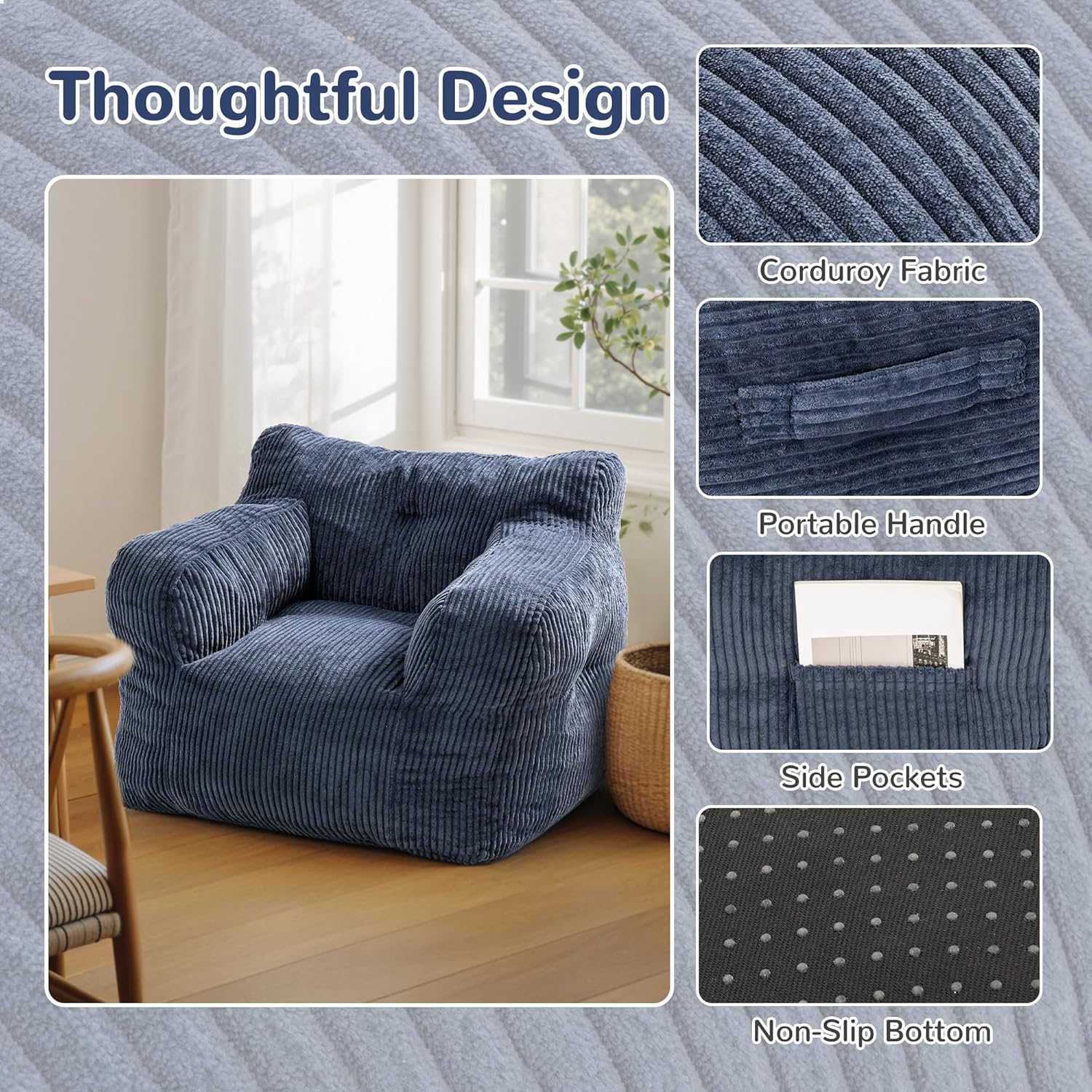 Pamapic 32" Bean Bag Chair,Single Sofa,Ultra Soft Dutch Velvet,Fluffy Comfort Washable Cover,Corduroy Lazy Sofa Coach for Adults,Fit Living Room, Bedroom,Outdoor Spaces,72h Rebound,Blue