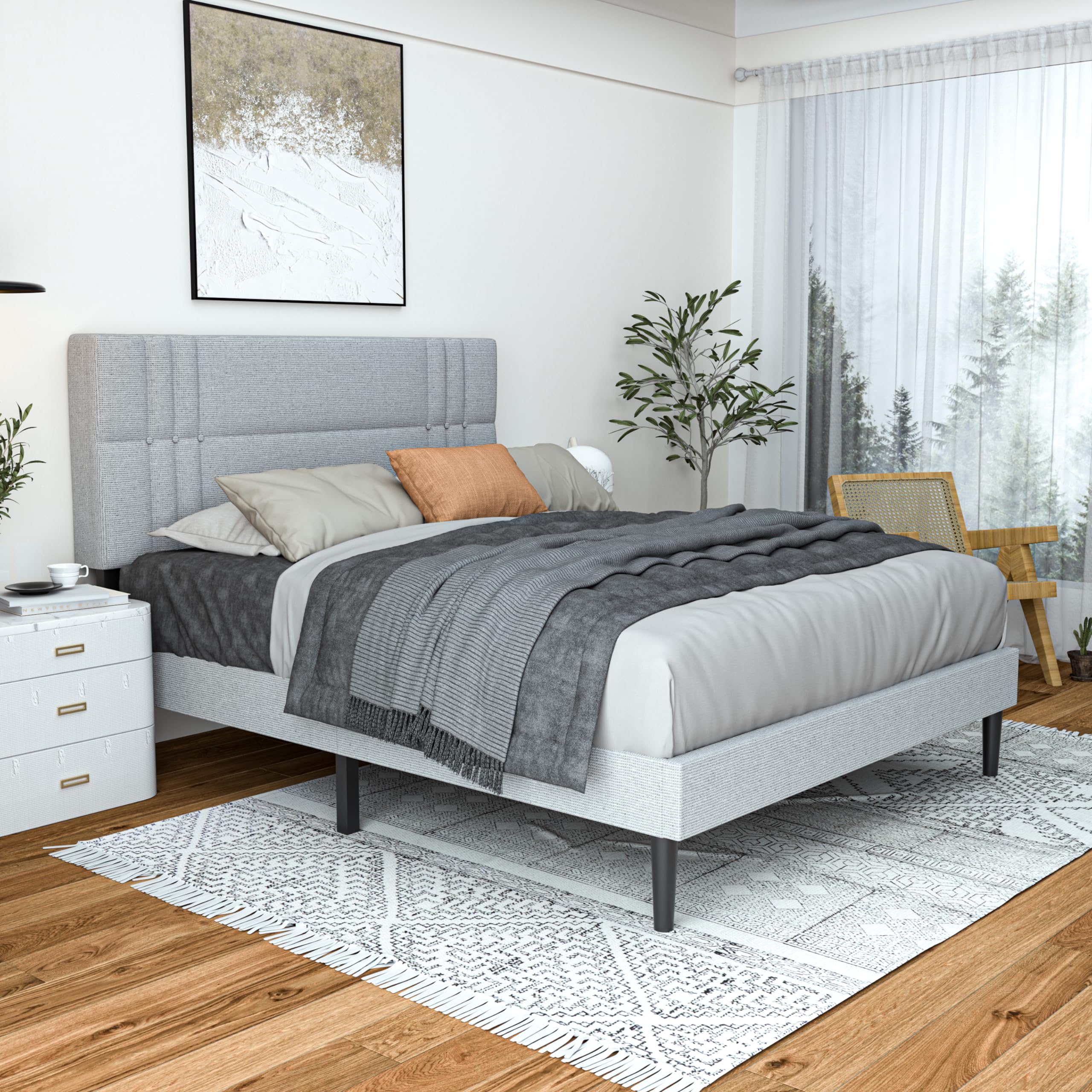 Upholstered Full Bed Frame with Adjustable Headboard and Sturdy Wooden Slats, Non-Slip and Noise-Free Design No Box Spring Needed Easy Assembly Light Grey