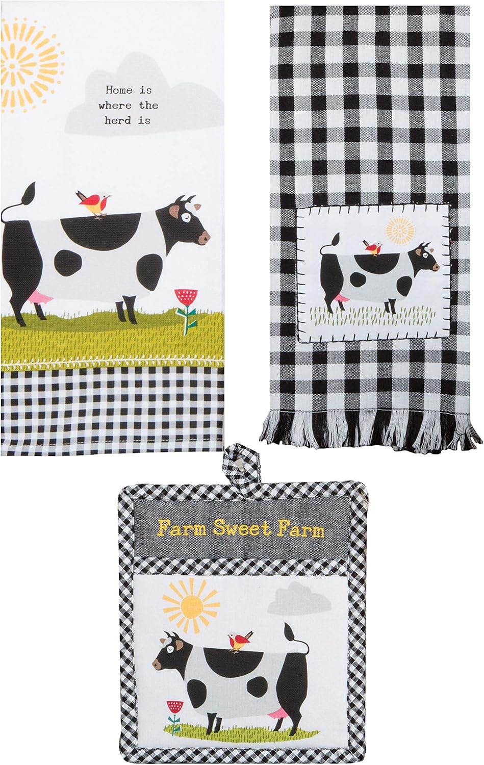Just Jazzle Kay Dee Designs Farm Charm Farmhouse Cow Kitchen Towel and Oven Mitt Bundle, Set of 3