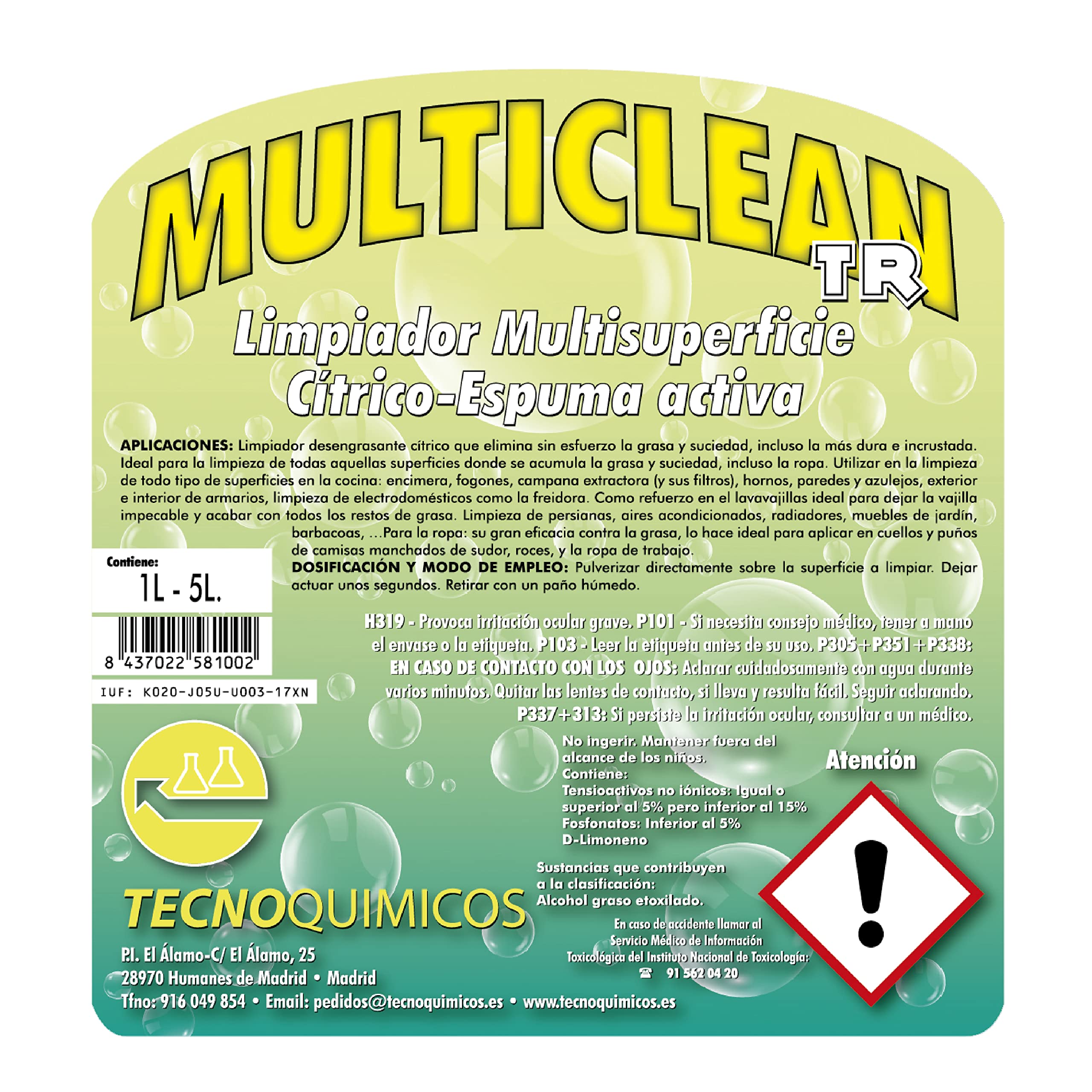 Limpiador Desengrasante Multiusos para cualquier Superficie del Hogar. Elimina Eficazmente la Grasa y la Suciedad hasta en la Ropa. Spray con Espuma Activa. Aroma Cítrico (1L) 6 UNIDADES