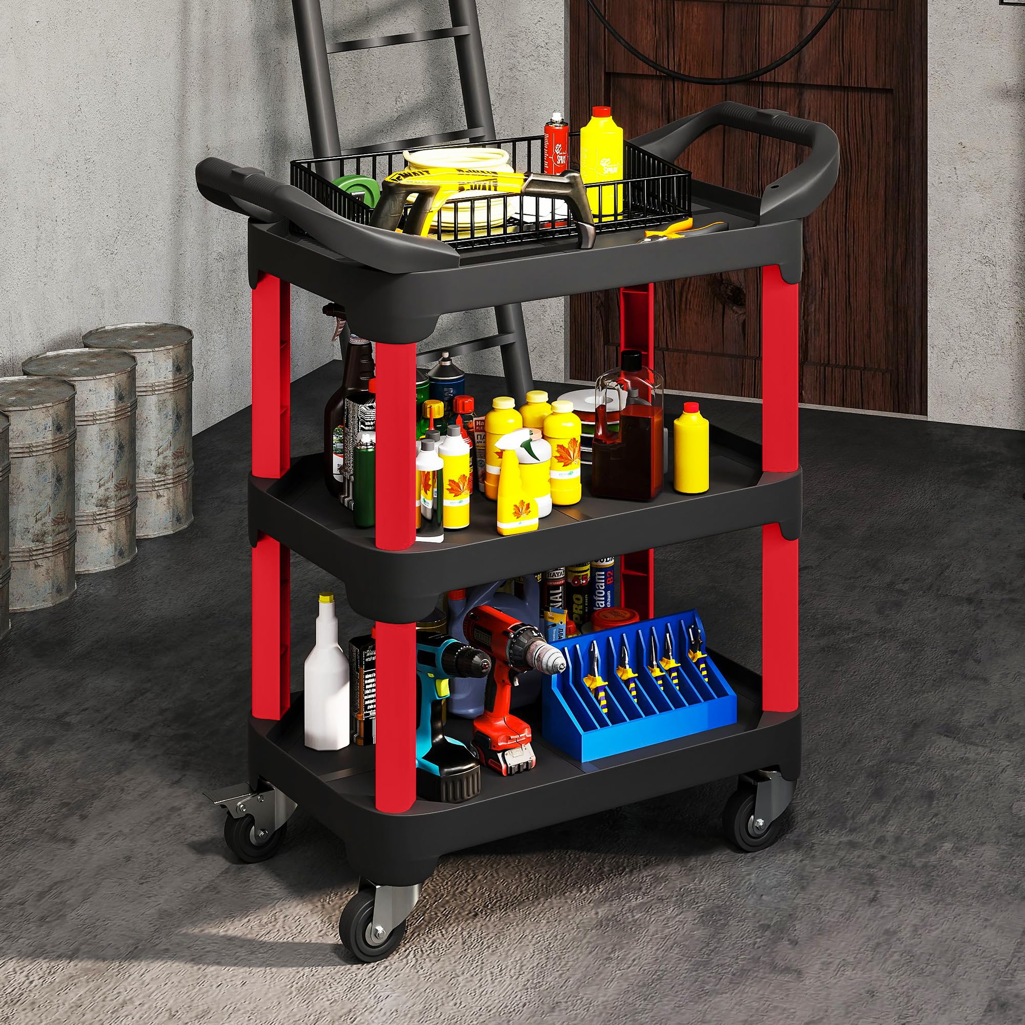 HOMCOM Werkstatt-Rollwagen mit 3 Ebenen Werkstattwagen mit Griff Werkzeugwagen Montagewagen für Garage, Lagerhaus, max. 68 kg Belastbar, Schwarz