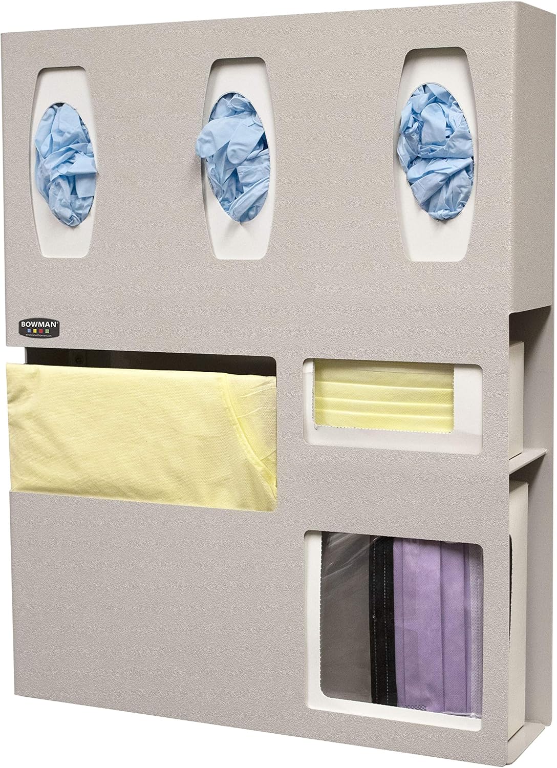 Protective Wear Organizer holds gowns or overalls, 3 gloves, 1 box mask, and 1 box shield. Keyholes for wall mounting or cutout for use with hanger. Quartz Beige ABS Plastic.