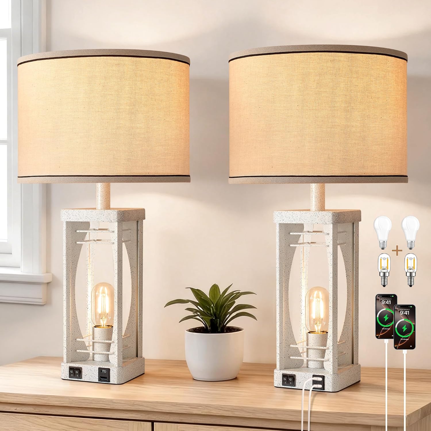 Farmhouse Table Lamps Set of 2 for Living Room, Rustic Bedside Nightstand Lamps with USB A+C Charging Ports, 22.5" Dual Light Industrial Table Lamp with Linen Shade for Bedroom End Tables