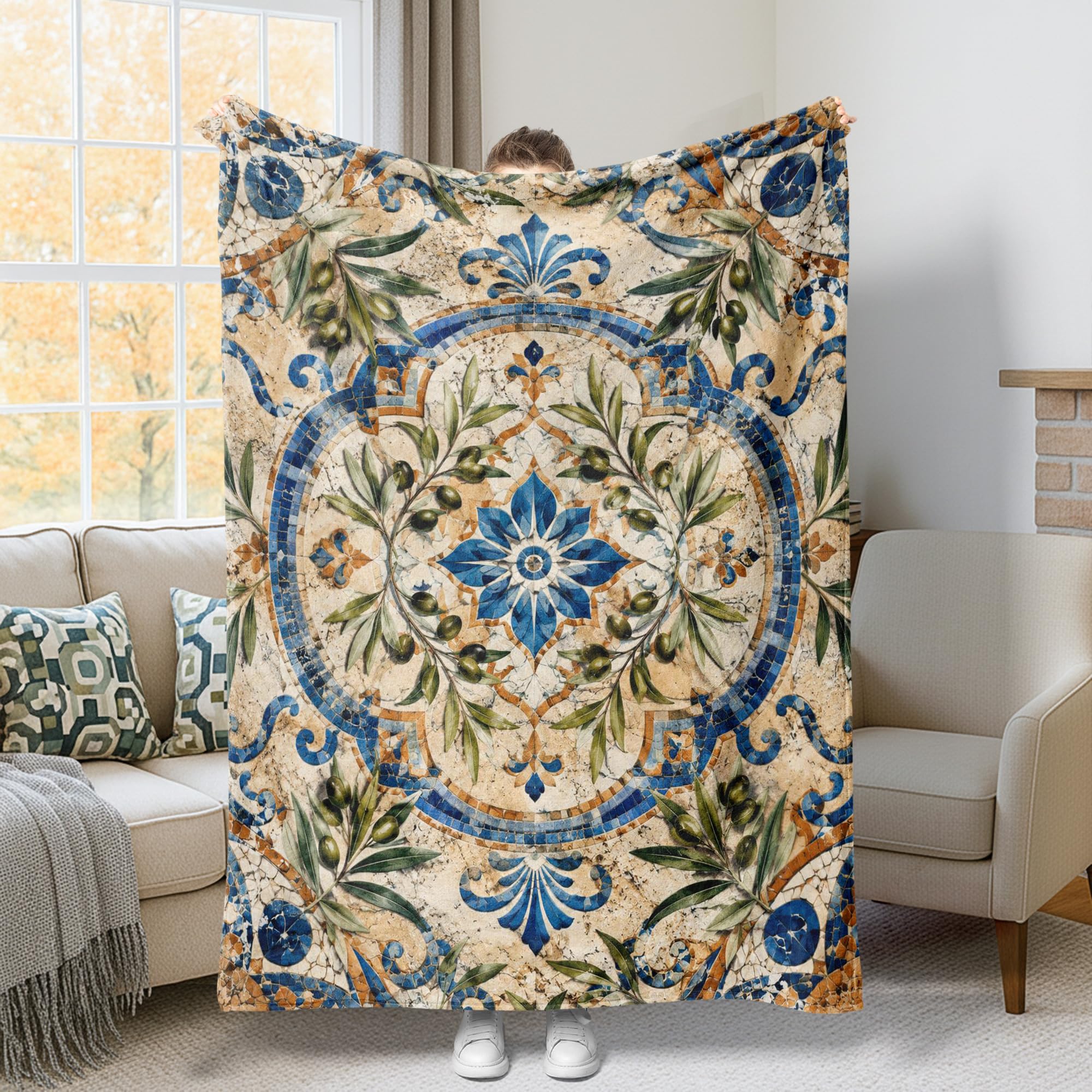 Couverture florale vintage plaid décoratif bleu lit canapé 127x152