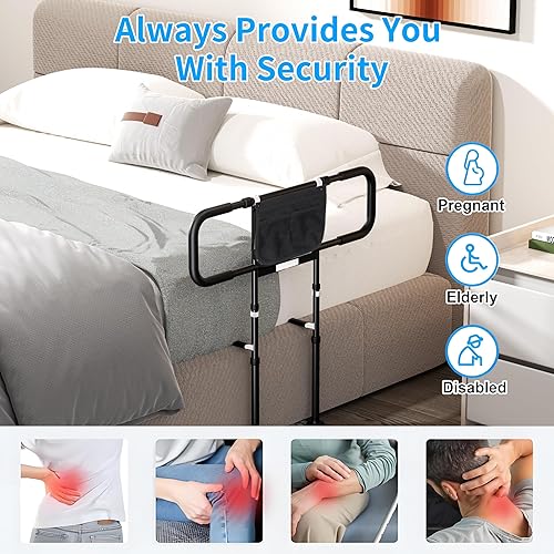 Miniatura 7 de Rieles de cama para adultos mayores rieles laterales ajustables con pata de soporte, bastón de cama con bolsa de almacenamiento y luz con sensor de