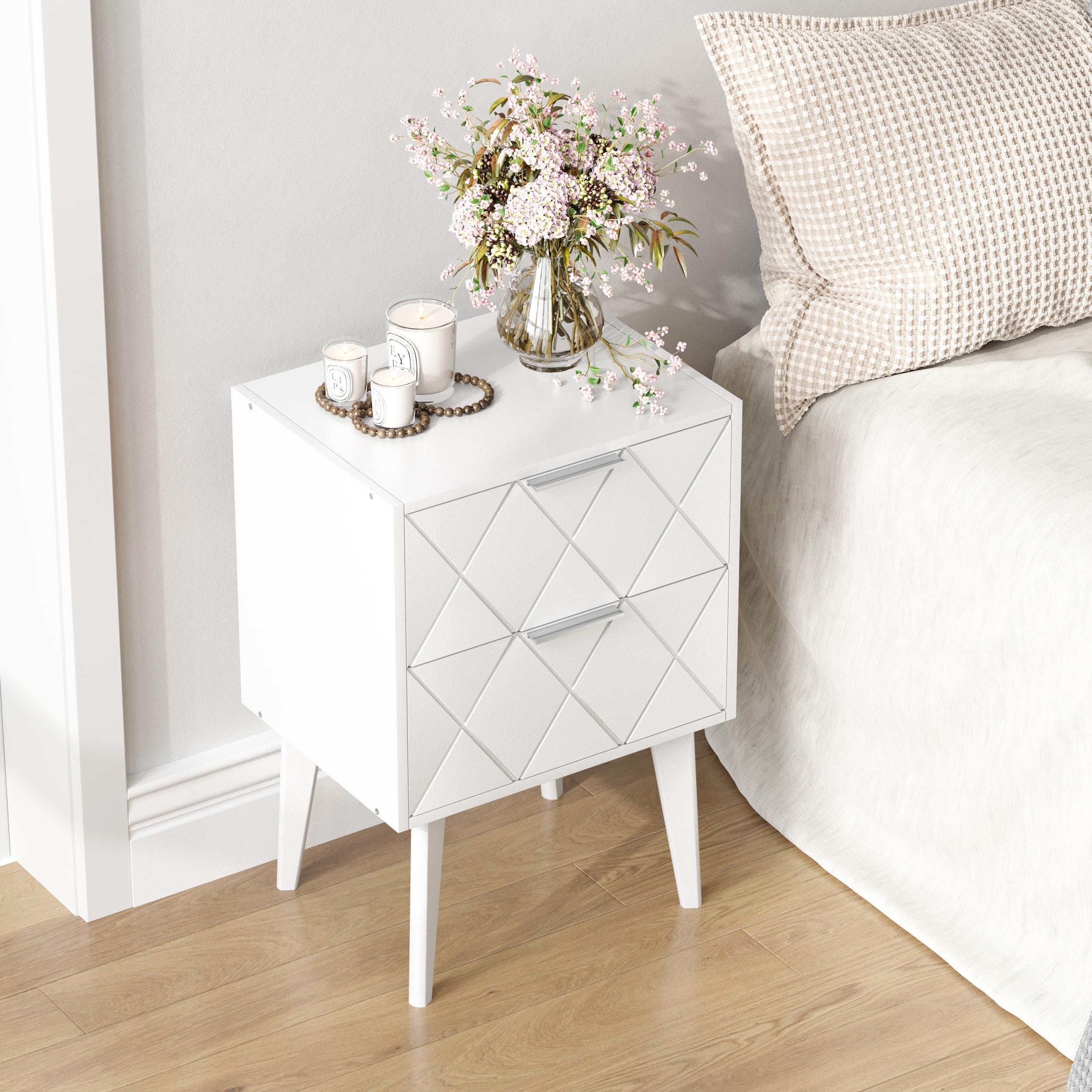 Mesitas de Noche Blancas con Dos Cajones Bedside Table | Estilo Moderno Y Elegante,Fabricado En Madera,Estructura Estable Sin Vibraciones,Para Salón Y Dormitorio